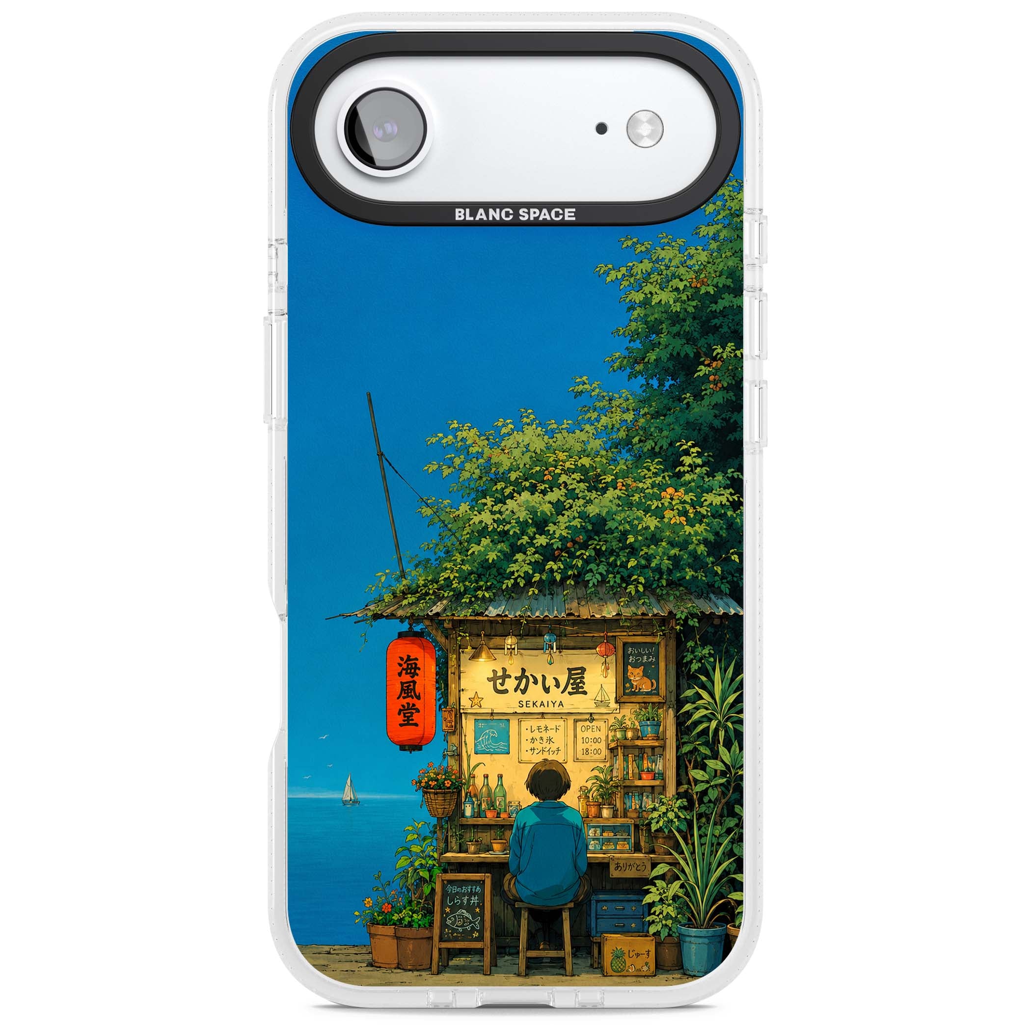 The Shirahama Kiosk anime iPhone case featuring a Japanese seaside shop, red paper lantern and ocean view | Clear Case Impact Air case for iPhone Air