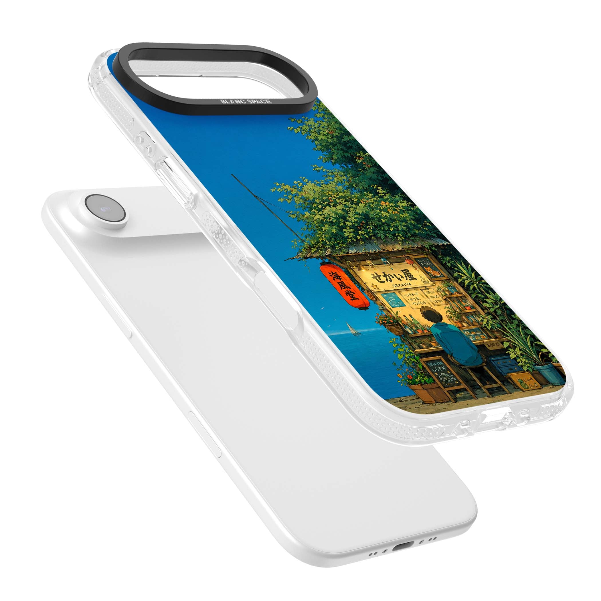 The Shirahama Kiosk anime iPhone case featuring a Japanese seaside shop, red paper lantern and ocean view | Clear Case Impact Air case for iPhone Air