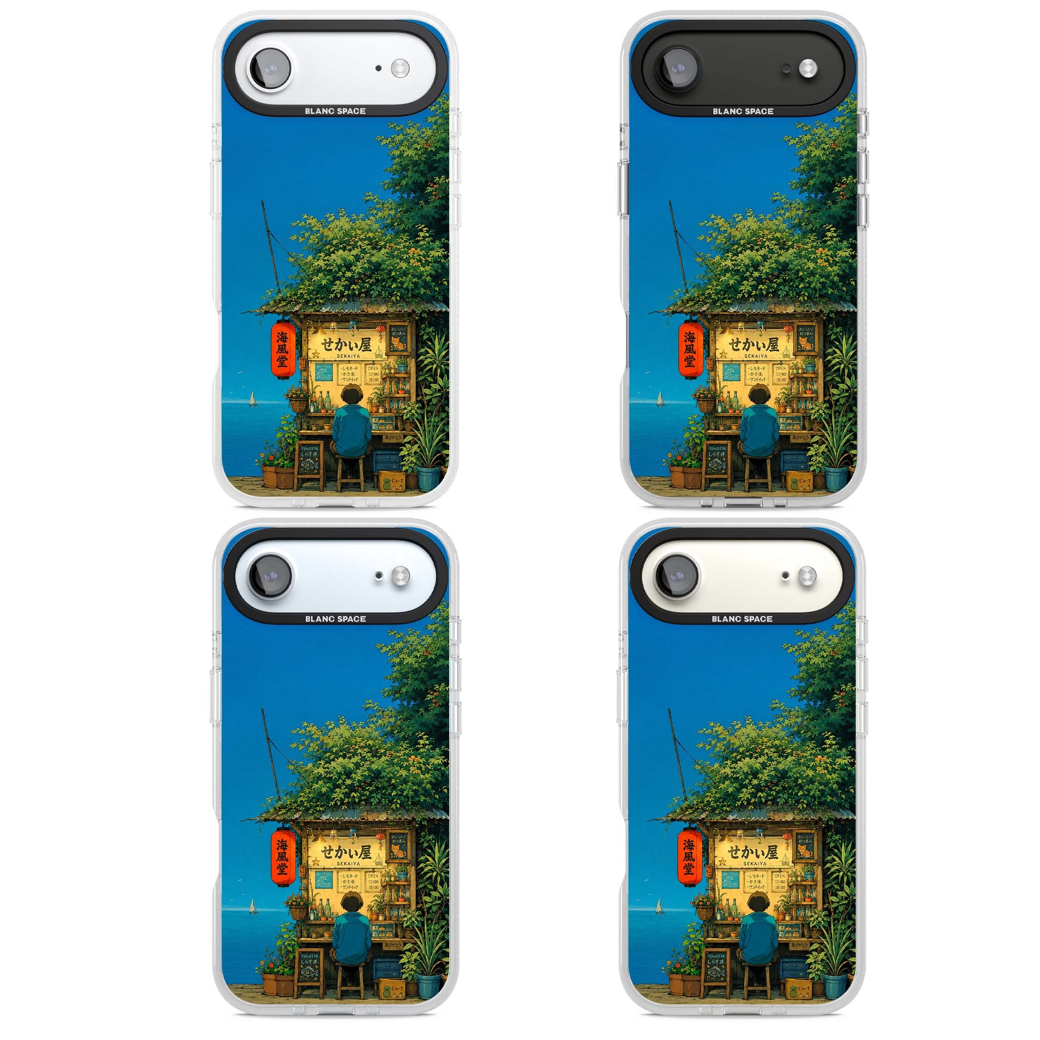 The Shirahama Kiosk anime iPhone case featuring a Japanese seaside shop, red paper lantern and ocean view | Clear Case Impact Air case for iPhone Air