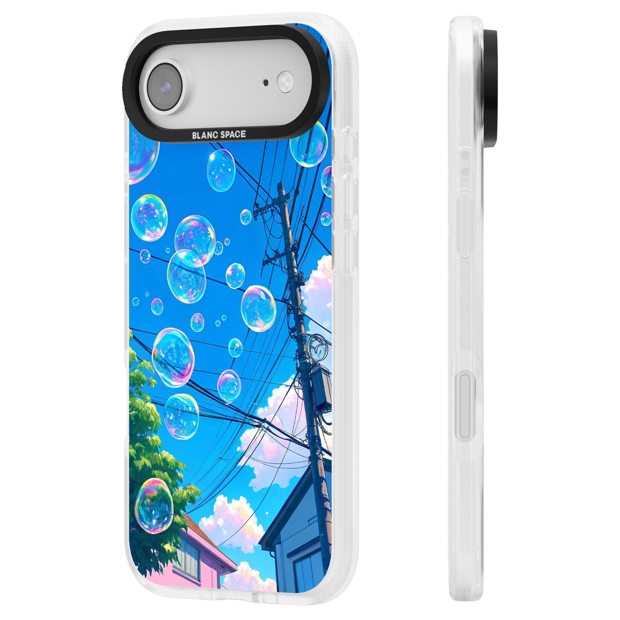 Suburban Bubbles anime iPhone case featuring iridescent soap bubbles, blue sky and Japanese telephone wires | Clear Case Impact Air case for iPhone Air