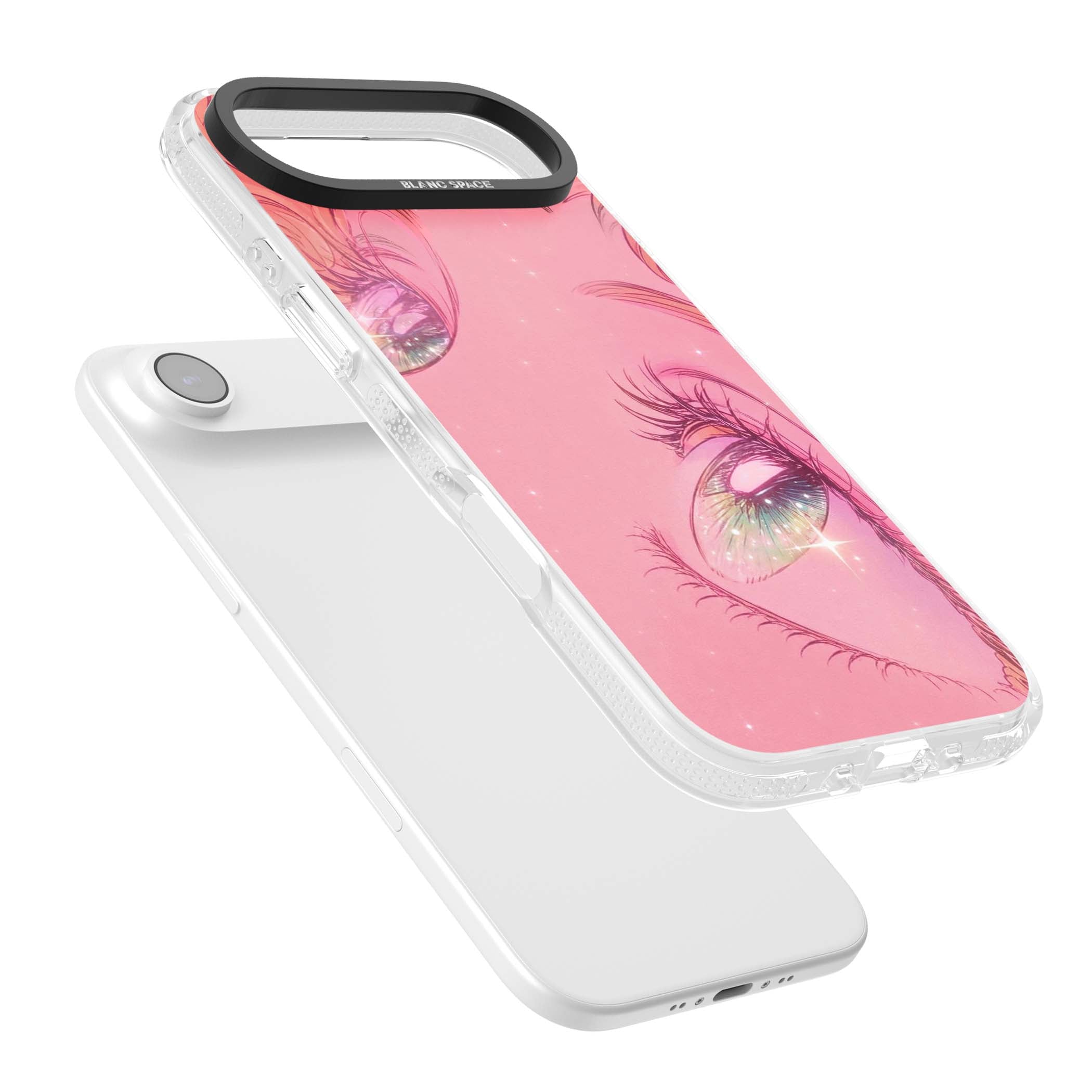 Pink Ethereal Gaze anime iPhone case featuring sparkling manga eyes, coral lashes and dreamy peach sky | Clear Case Impact Air case for iPhone Air