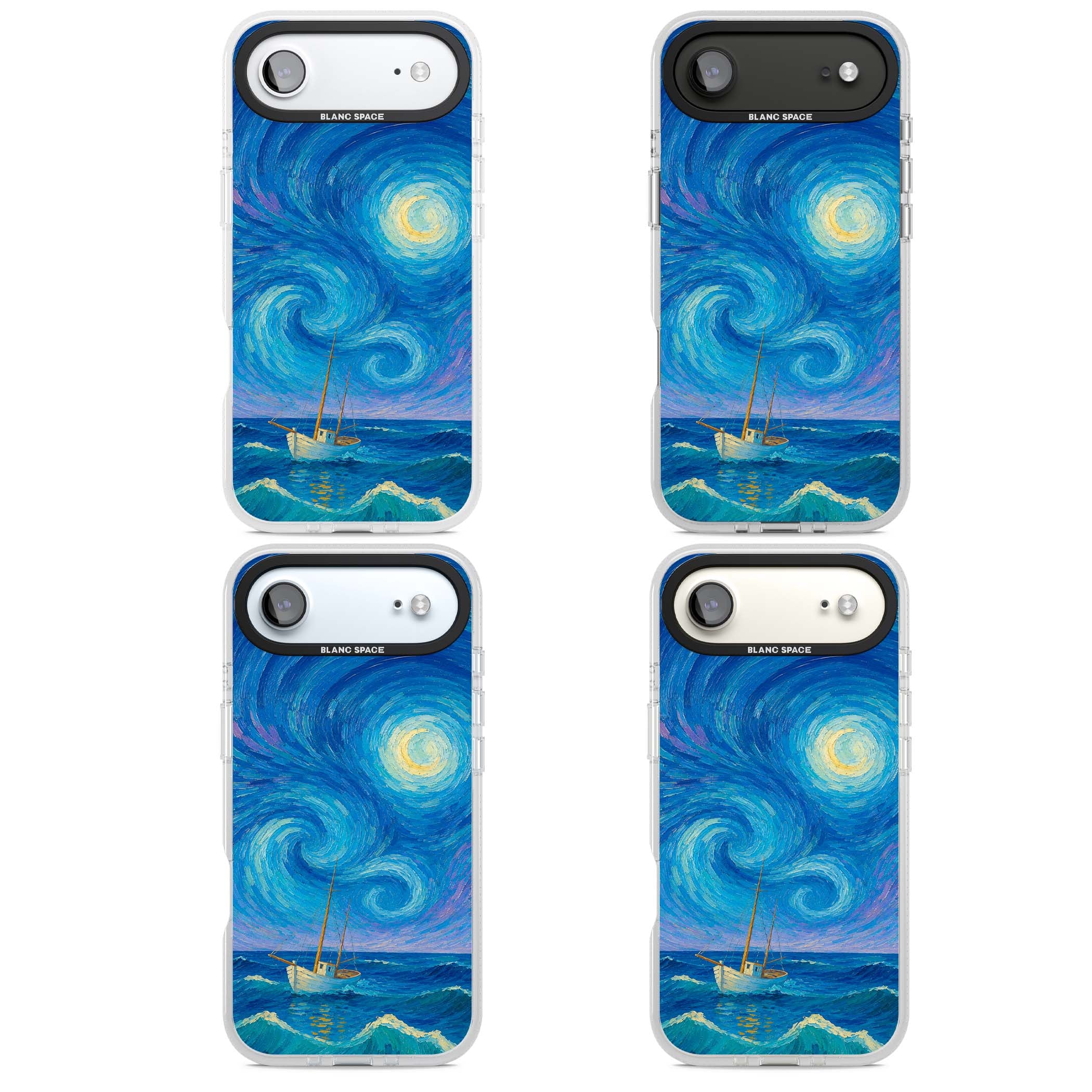 Moonlit Tide Van Gogh art iPhone case featuring swirling starry night sky, glowing moon and lone sailing boat at sea | Clear Case Impact Air case for iPhone Air