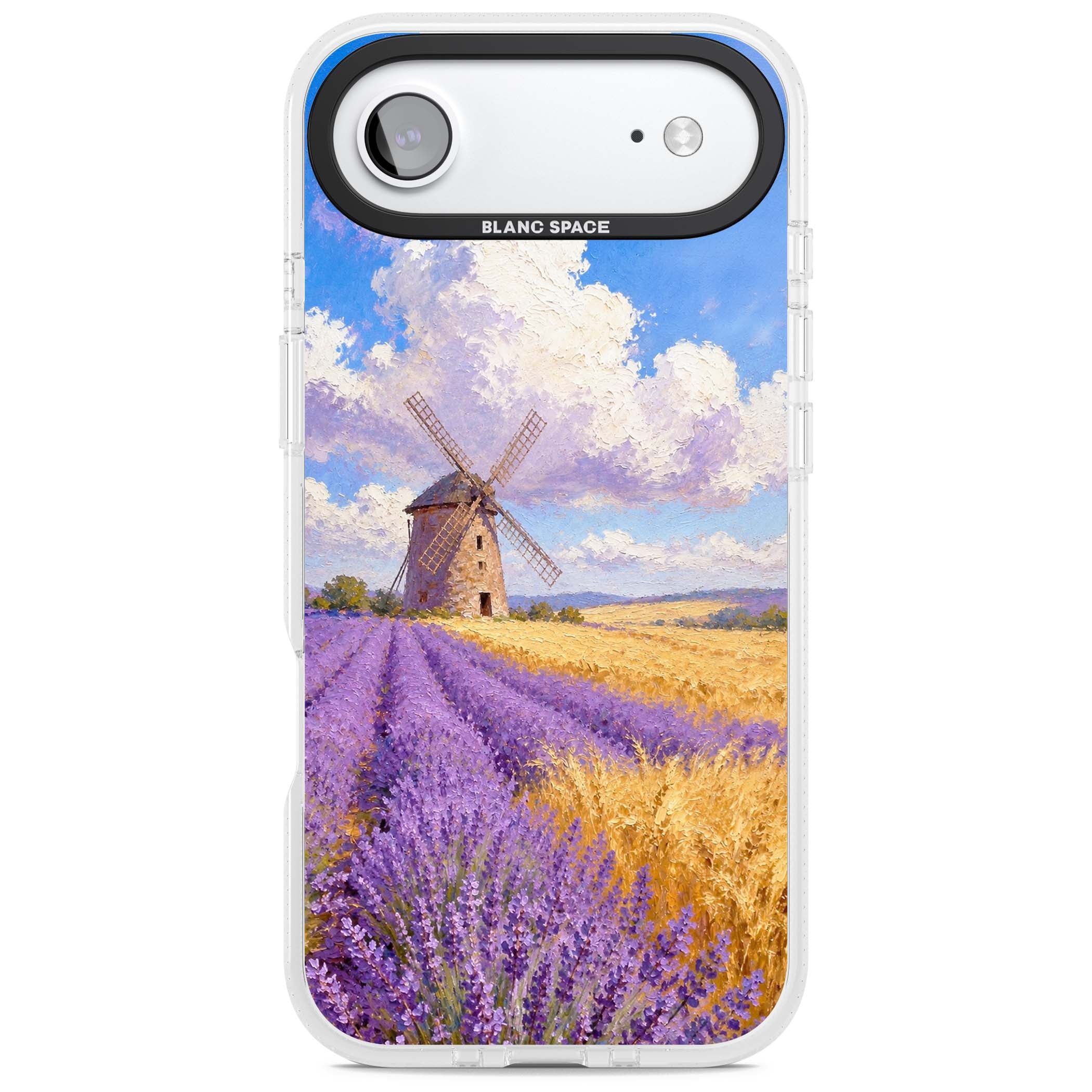 Lavender Mill cottagecore iPhone case featuring a French windmill, lavender field and golden wheat oil painting | Clear Case Impact Air case for iPhone Air