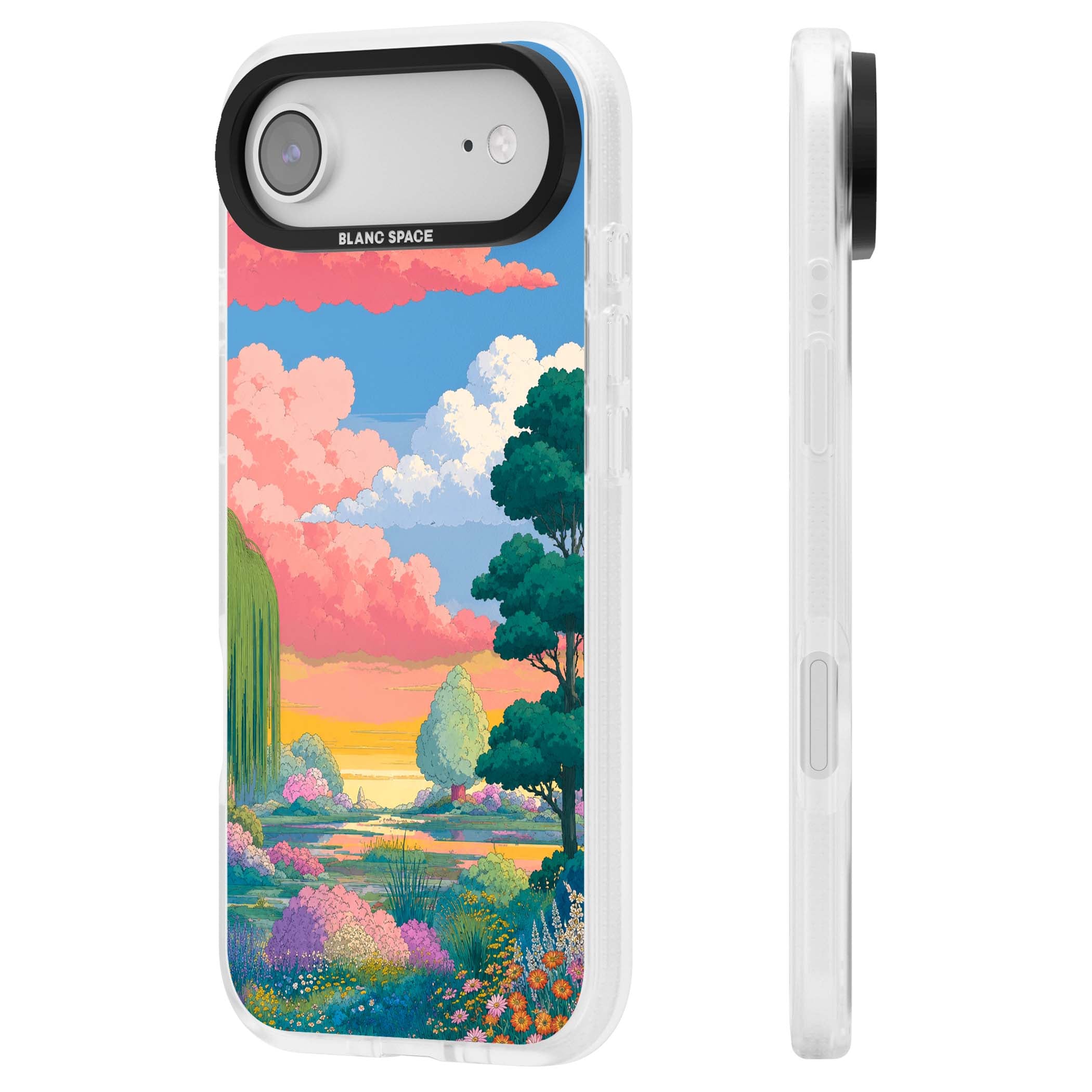 Dream Valley anime landscape iPhone case featuring pink sunset clouds, willow trees and wildflowers | Clear Case Impact Air case for iPhone Air