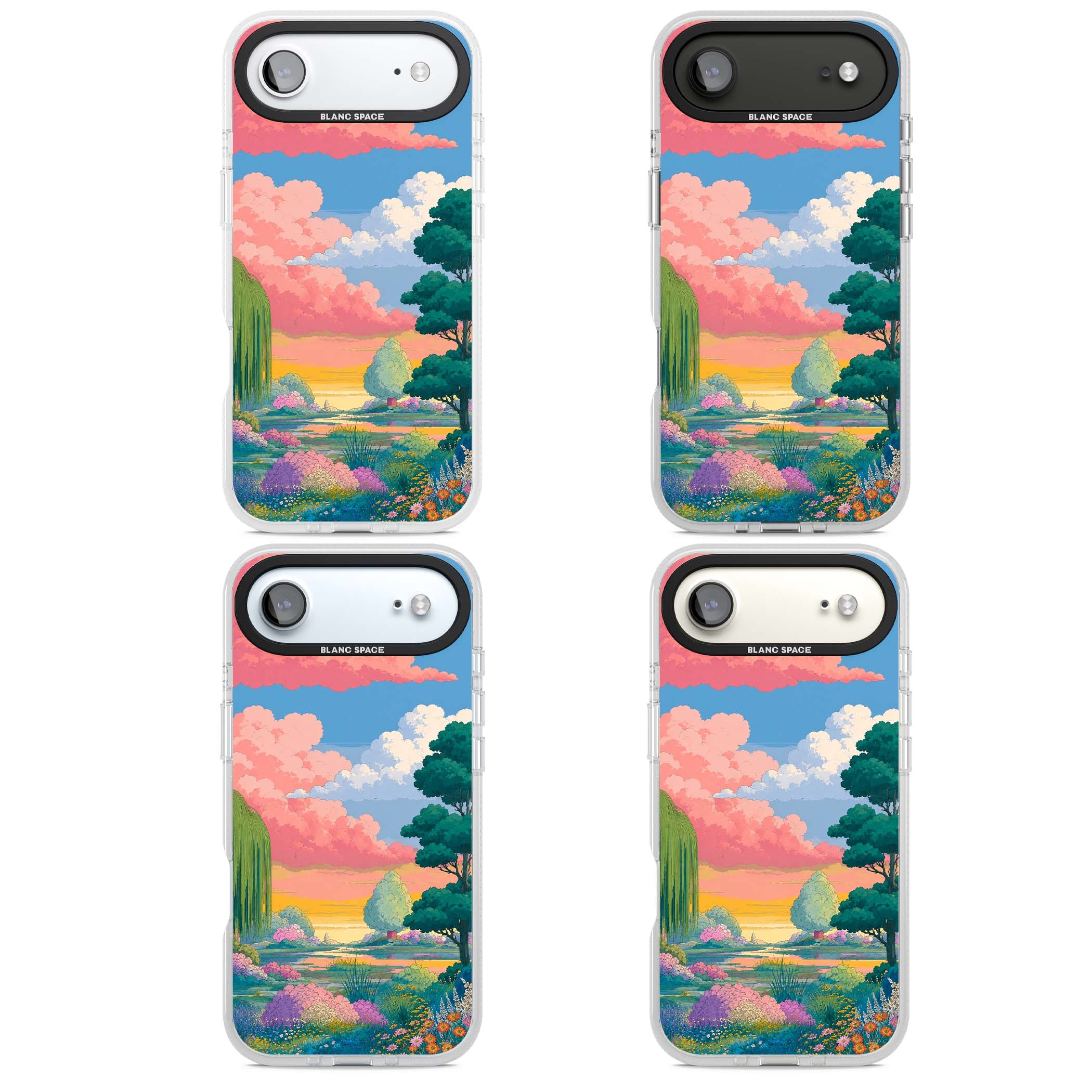 Dream Valley anime landscape iPhone case featuring pink sunset clouds, willow trees and wildflowers | Clear Case Impact Air case for iPhone Air