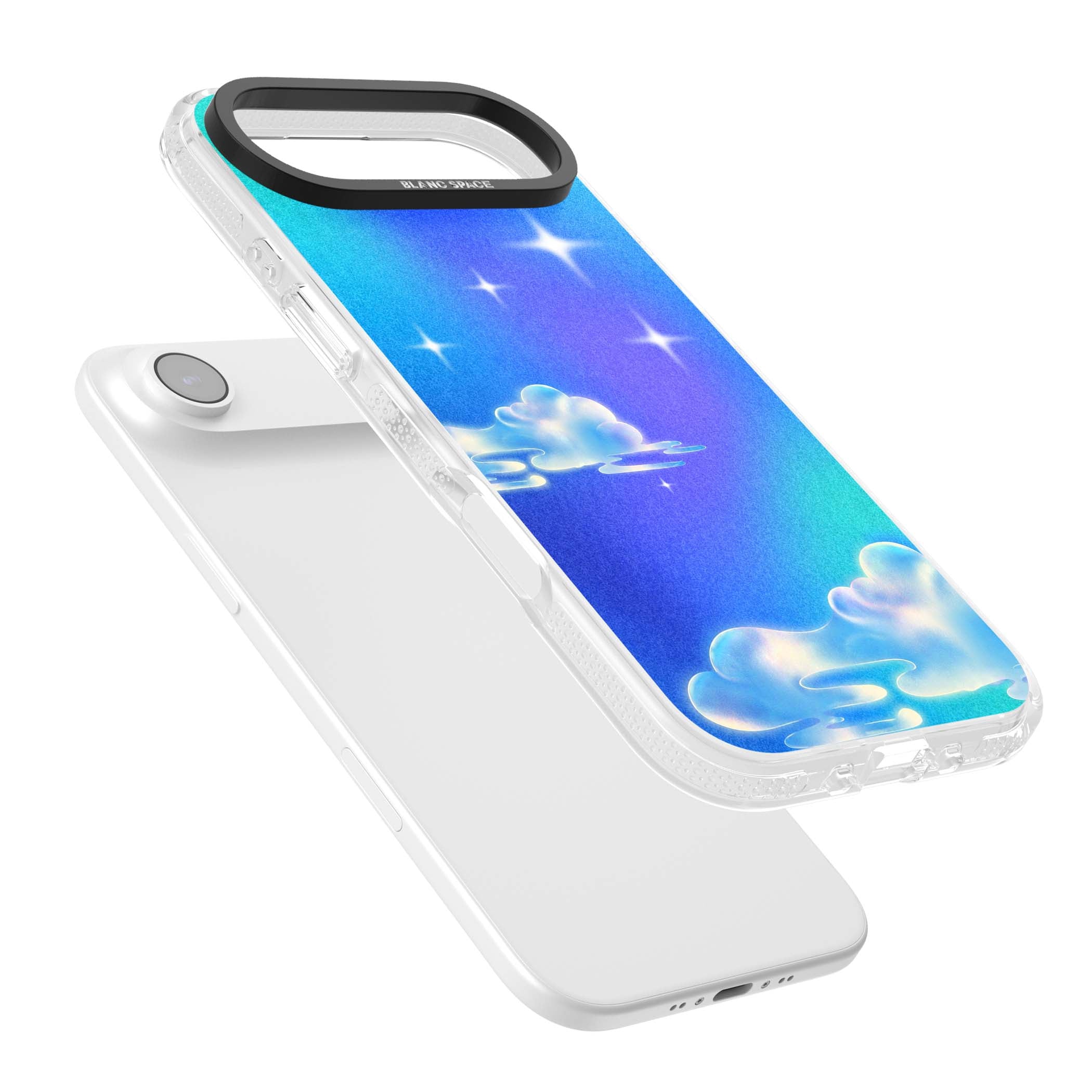Aurora celestial iPhone case featuring dreamy iridescent clouds, sparkling stars and pastel blue purple sky | Clear Case Impact Air case for iPhone Air