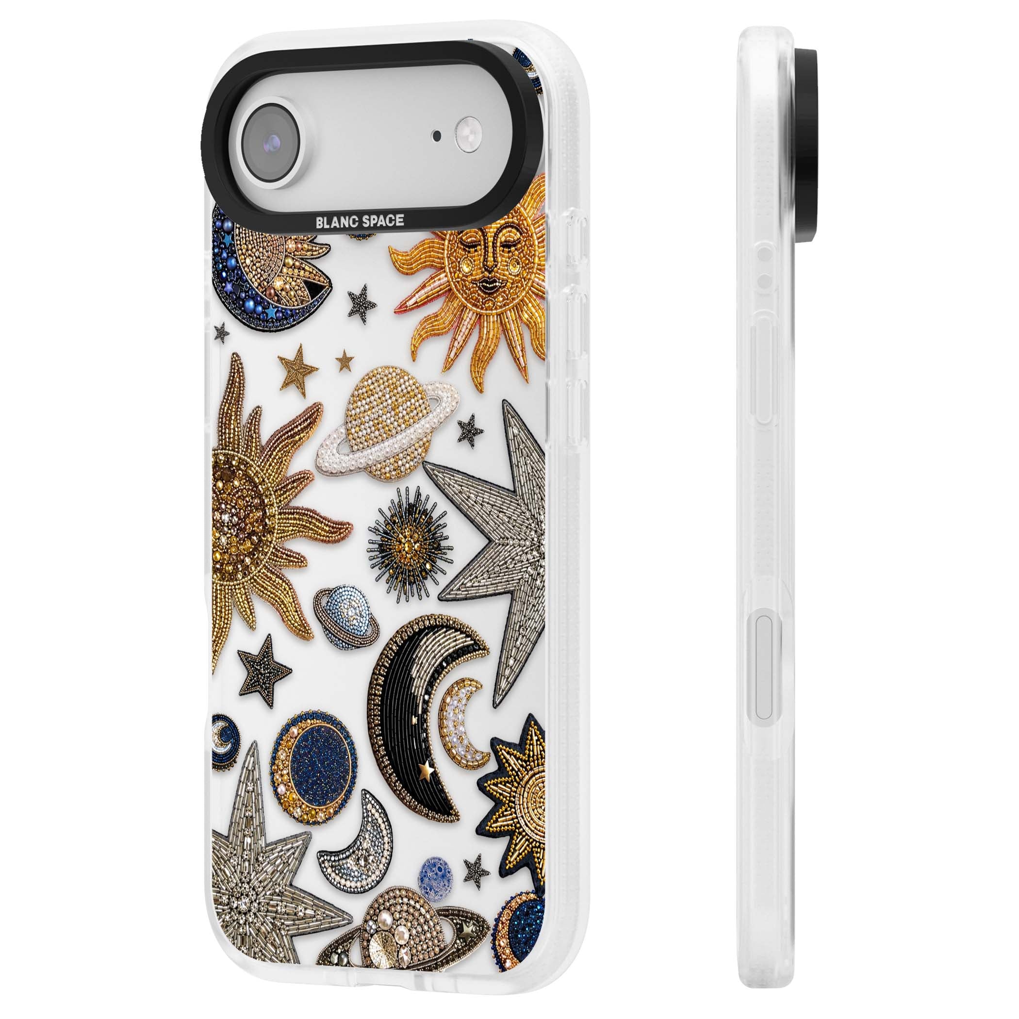 Beaded Cosmos celestial iPhone case featuring embroidered golden suns, beaded planets and silver shooting stars | Clear Case Impact Air case for iPhone Air
