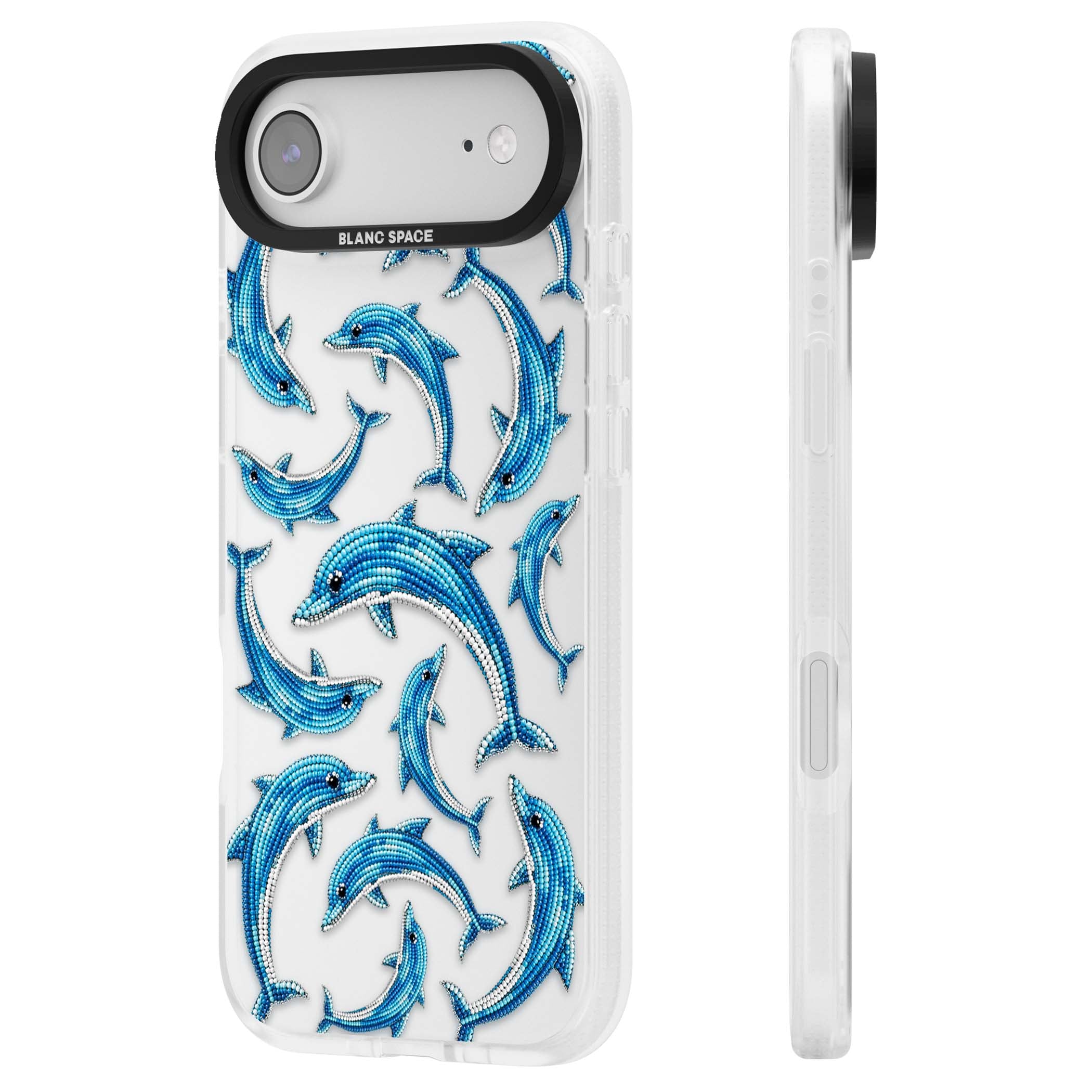 Beaded Dolphins coastal iPhone case featuring beaded dolphins in blue and white swimming across a clear background | Clear Case Impact Air case for iPhone Air