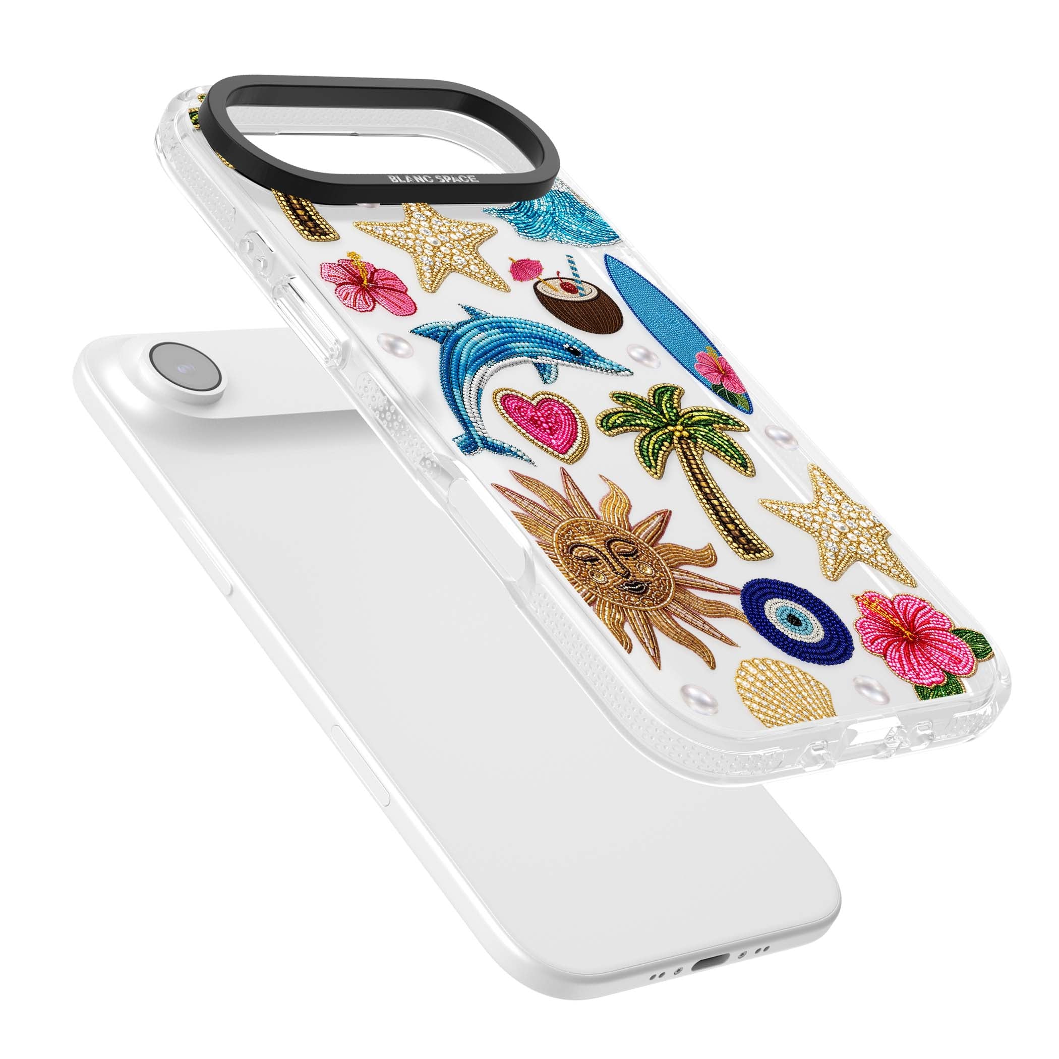 Beaded Beach coastal summer iPhone case featuring embroidered evil eye, hibiscus flowers, dolphin and palm tree patches | Clear Case Impact Air case for iPhone Air
