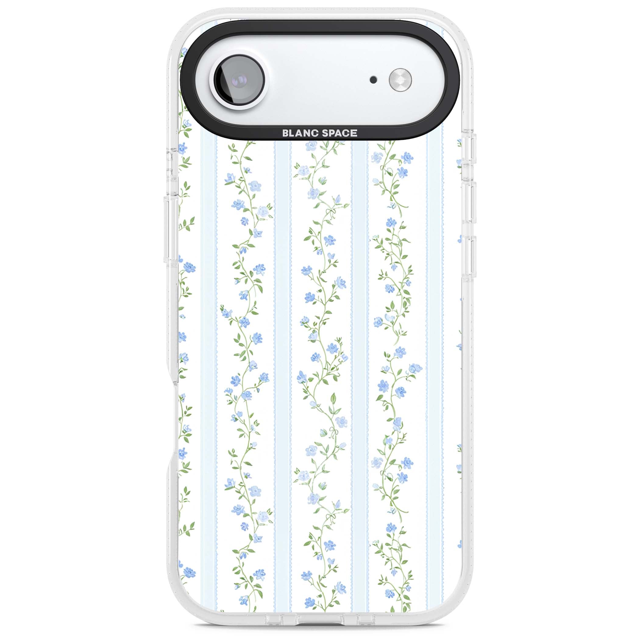 Bluebell Vine cottagecore iPhone case featuring climbing blue roses, trailing green vines, and pale ticking stripes | Clear Case Impact Air case for iPhone Air