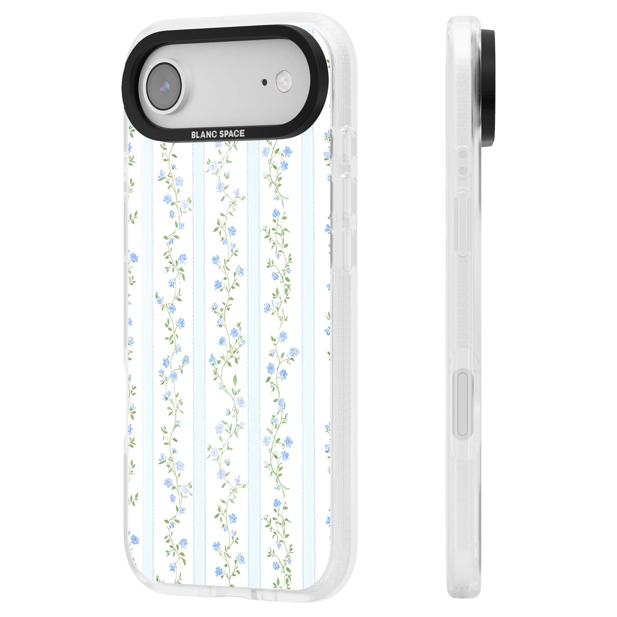 Bluebell Vine cottagecore iPhone case featuring climbing blue roses, trailing green vines, and pale ticking stripes | Clear Case Impact Air case for iPhone Air
