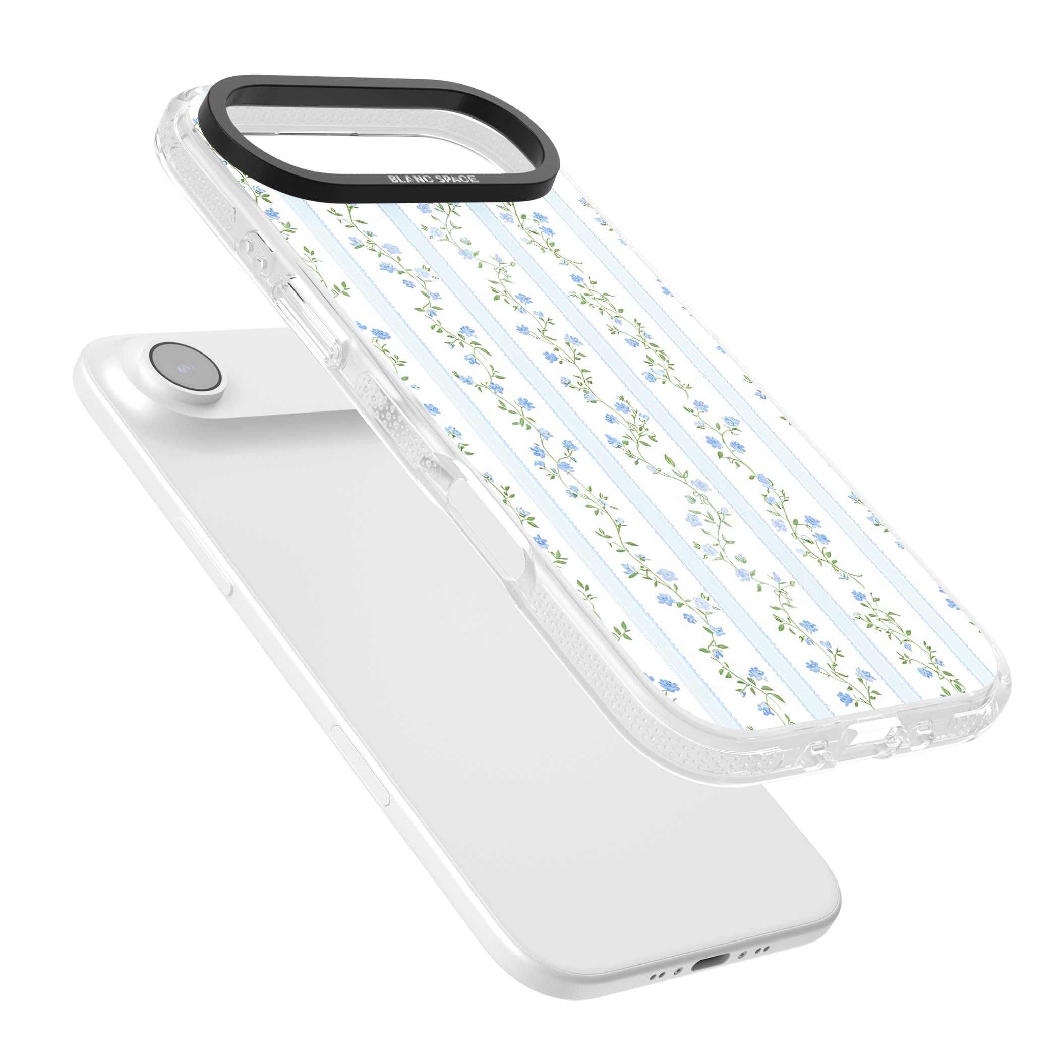 Bluebell Vine cottagecore iPhone case featuring climbing blue roses, trailing green vines, and pale ticking stripes | Clear Case Impact Air case for iPhone Air