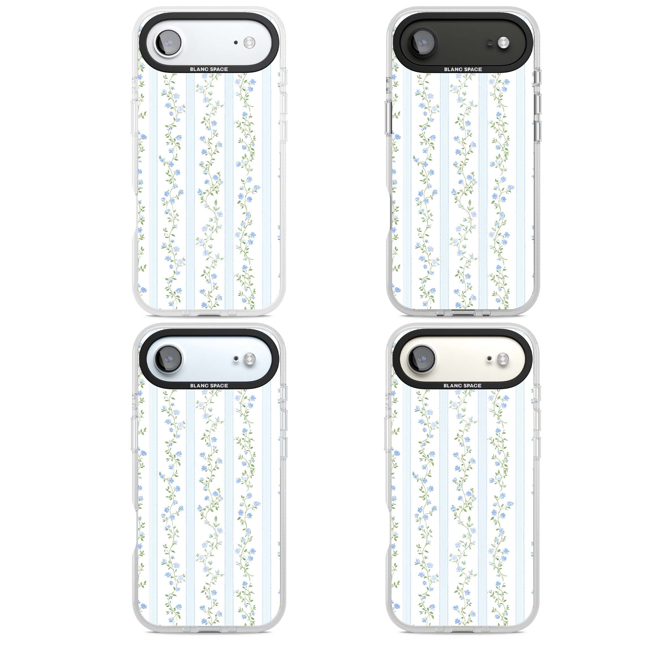 Bluebell Vine cottagecore iPhone case featuring climbing blue roses, trailing green vines, and pale ticking stripes | Clear Case Impact Air case for iPhone Air