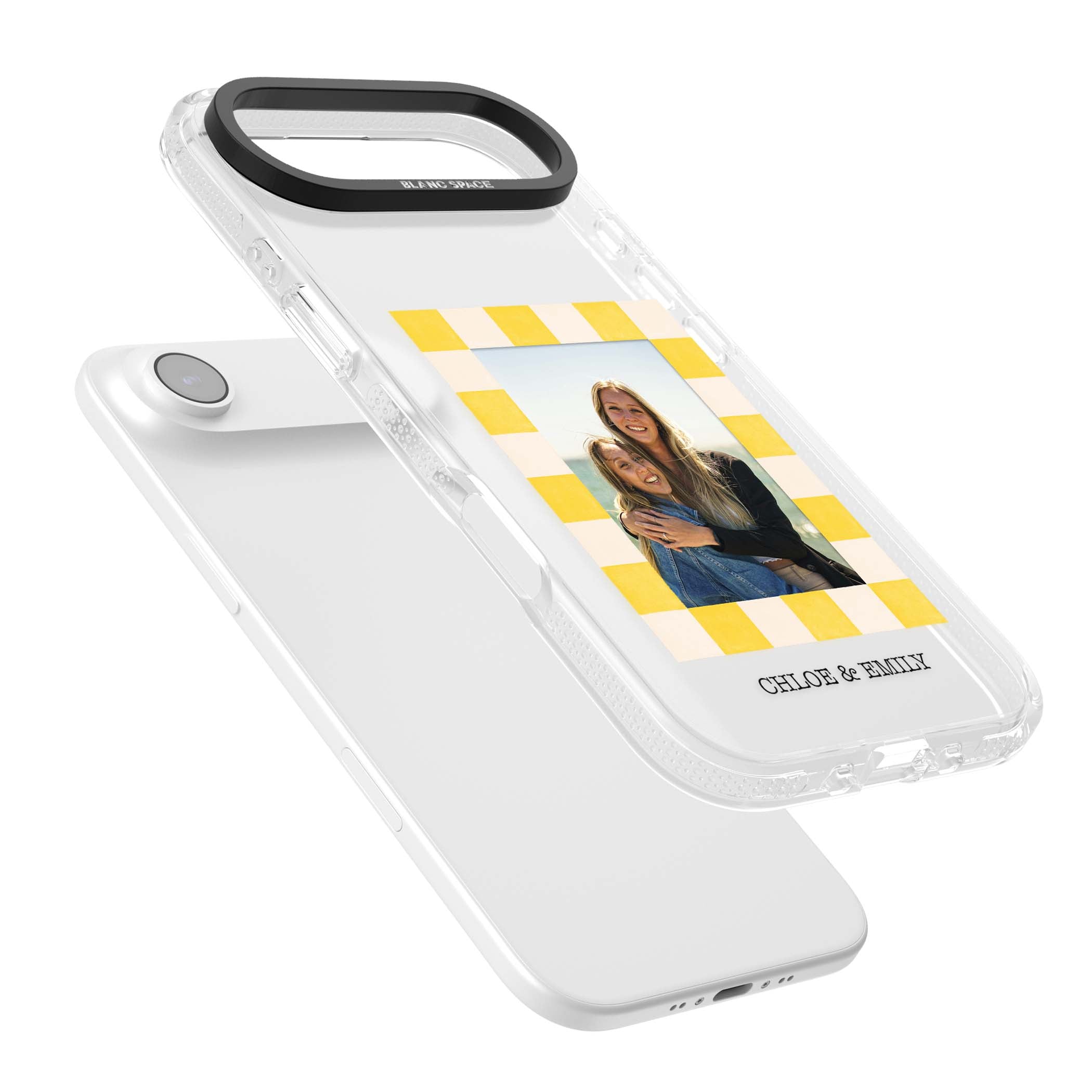 Yellow Check Photo personalised iPhone case with yellow checkered Polaroid frame and custom names beneath | Clear Case Impact Air case for iPhone Air