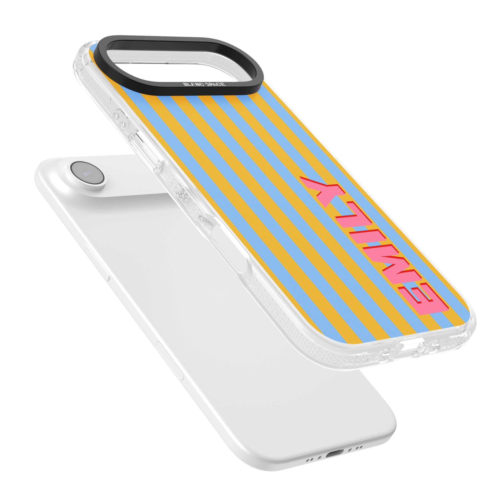 Carribean Stripe personalised coastal iPhone case with yellow and blue vertical stripes and a custom pink name | Clear Case Impact Air case for iPhone Air