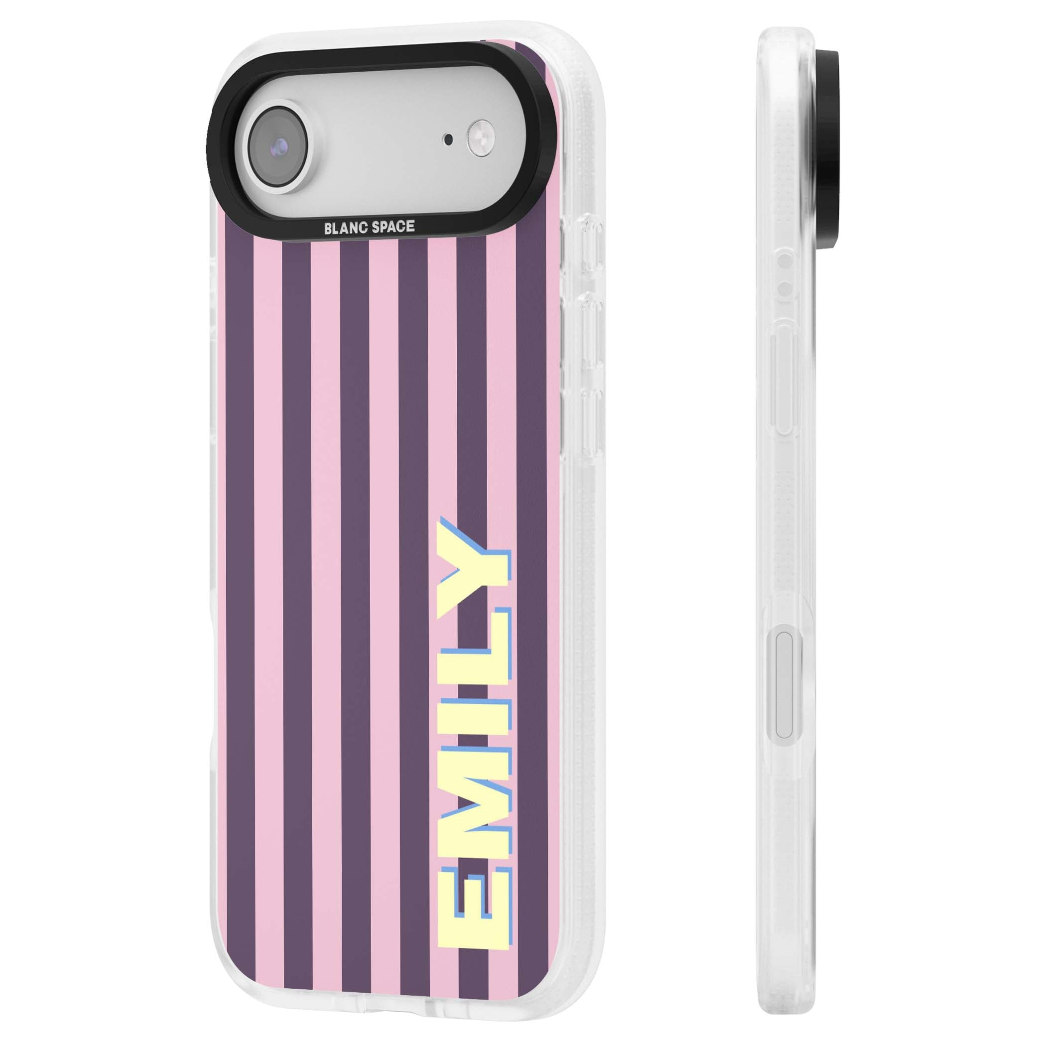 Tyre Stripe personalised stripe iPhone case with plum and pink vertical stripes and custom yellow name | Clear Case Impact Air case for iPhone Air