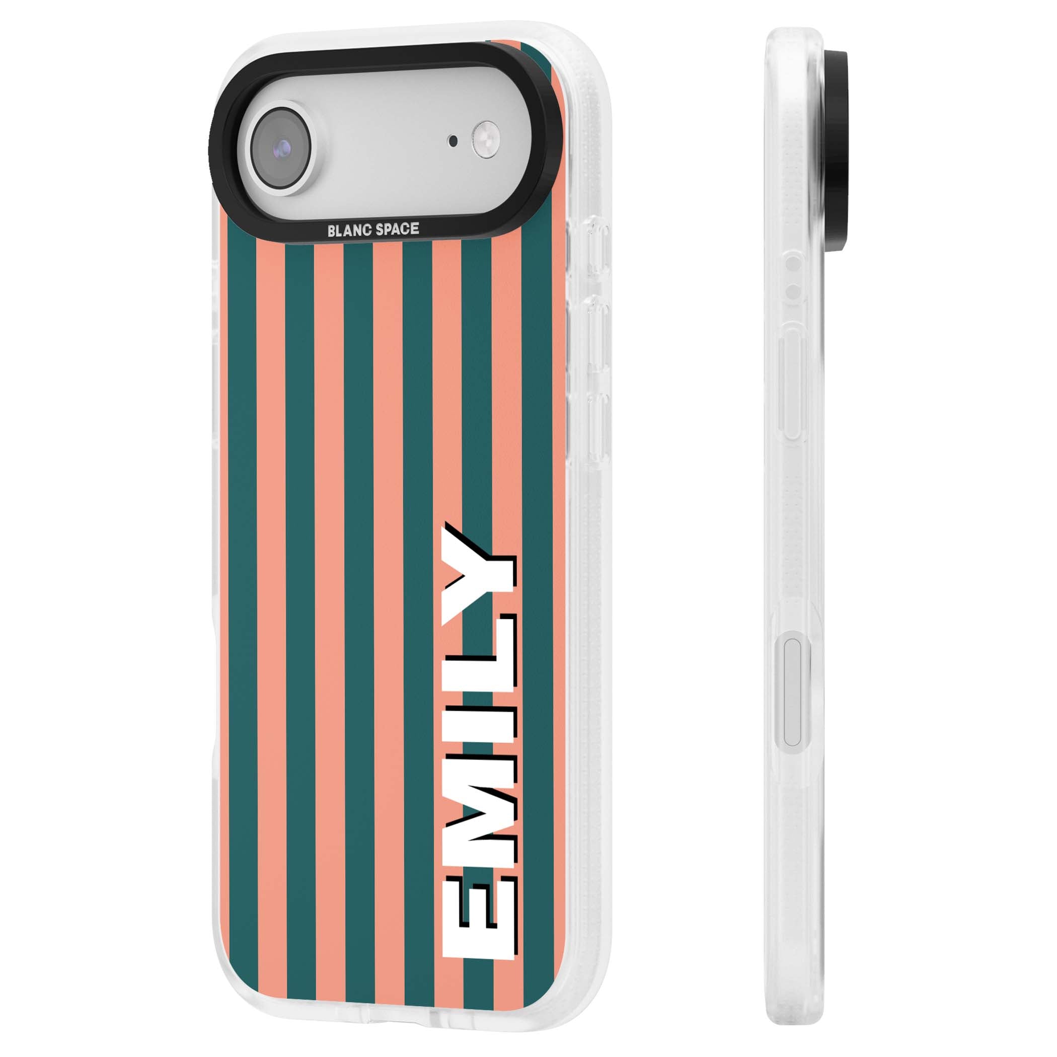 Tuscan Stripe personalised iPhone case featuring coral and green vertical stripes with bold custom name | Clear Case Impact Air case for iPhone Air