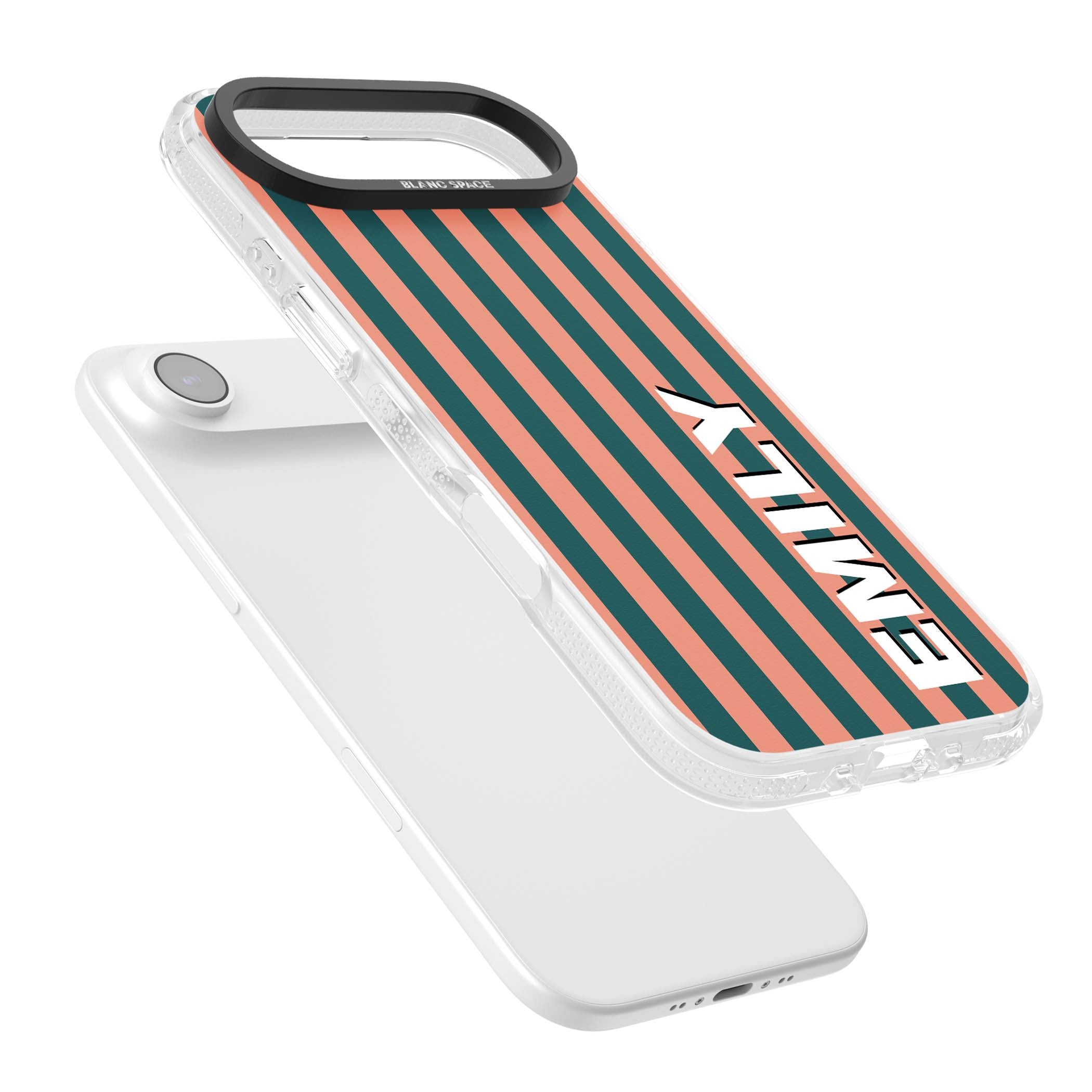 Tuscan Stripe personalised iPhone case featuring coral and green vertical stripes with bold custom name | Clear Case Impact Air case for iPhone Air