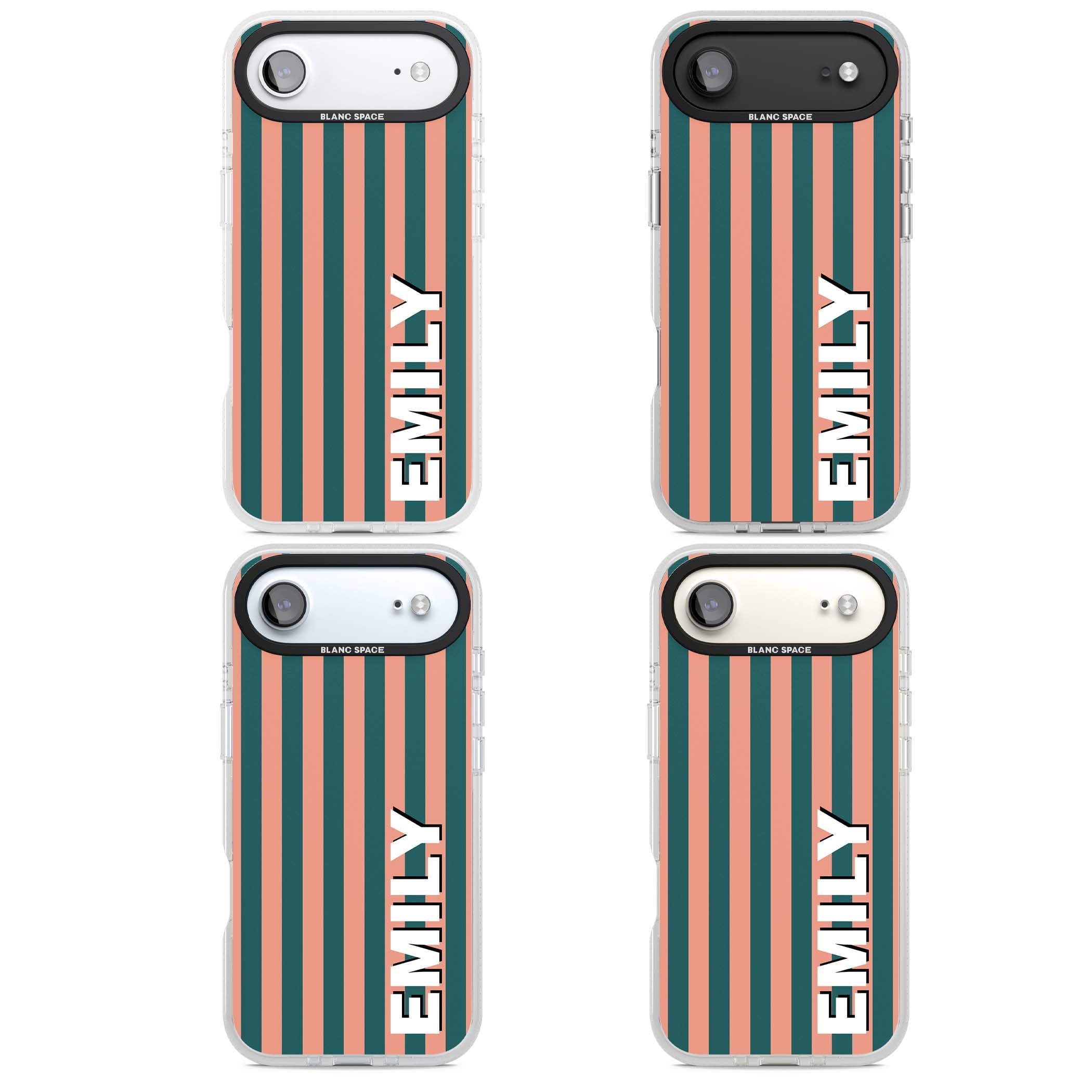Tuscan Stripe personalised iPhone case featuring coral and green vertical stripes with bold custom name | Clear Case Impact Air case for iPhone Air