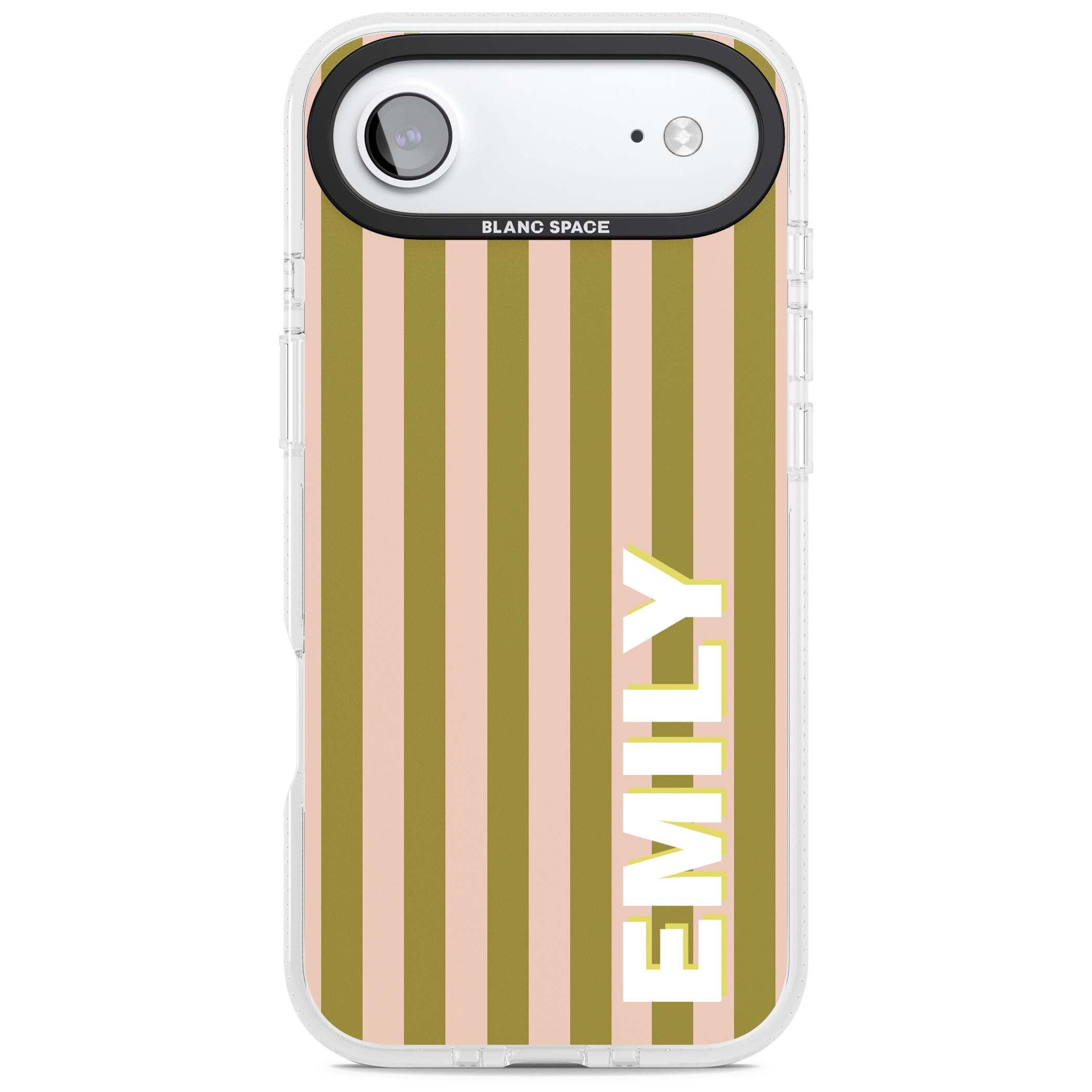 Indian Stripe personalised iPhone case featuring olive green and blush pink vertical stripes with custom name in whit | Clear Case Impact Air case for iPhone Air