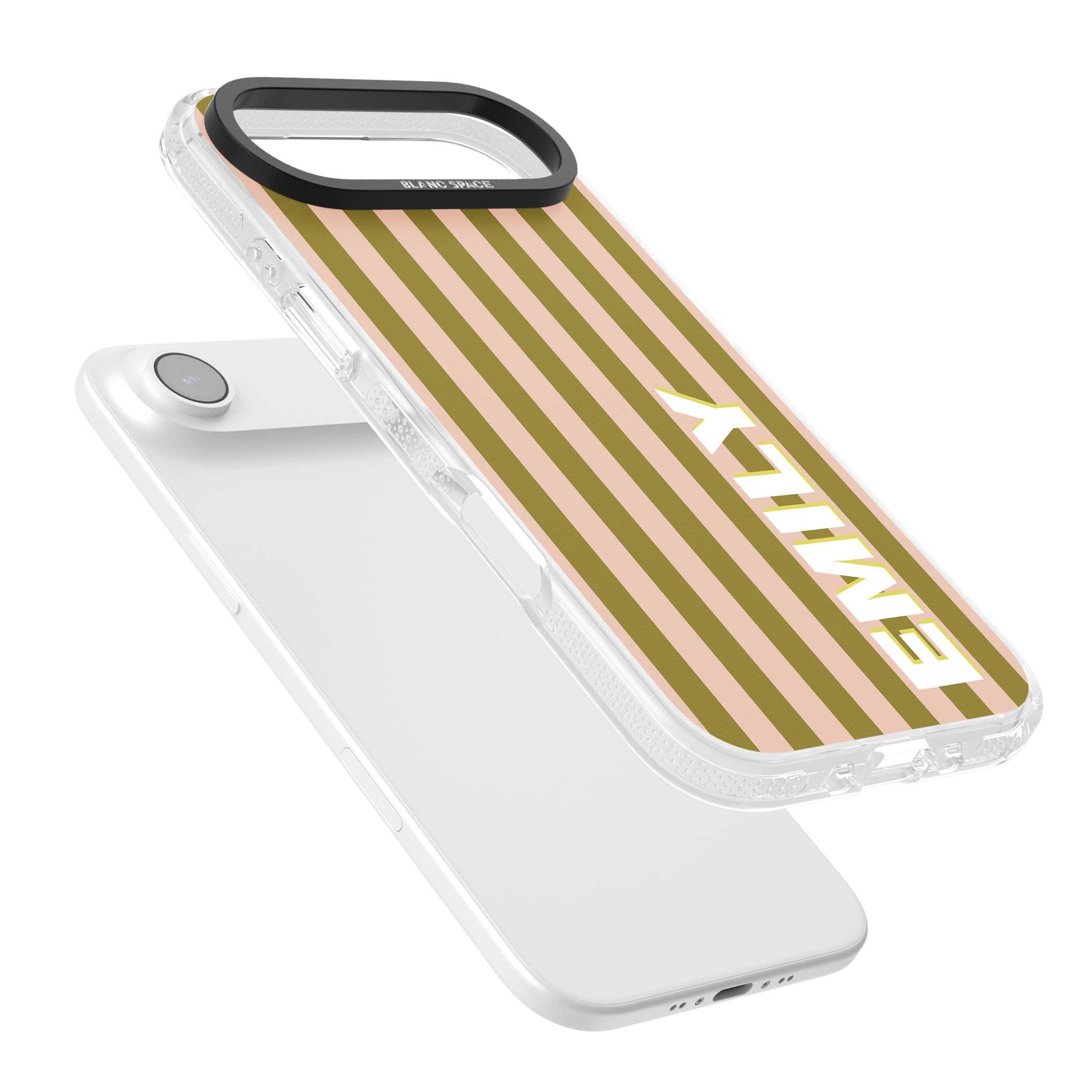 Indian Stripe personalised iPhone case featuring olive green and blush pink vertical stripes with custom name in whit | Clear Case Impact Air case for iPhone Air