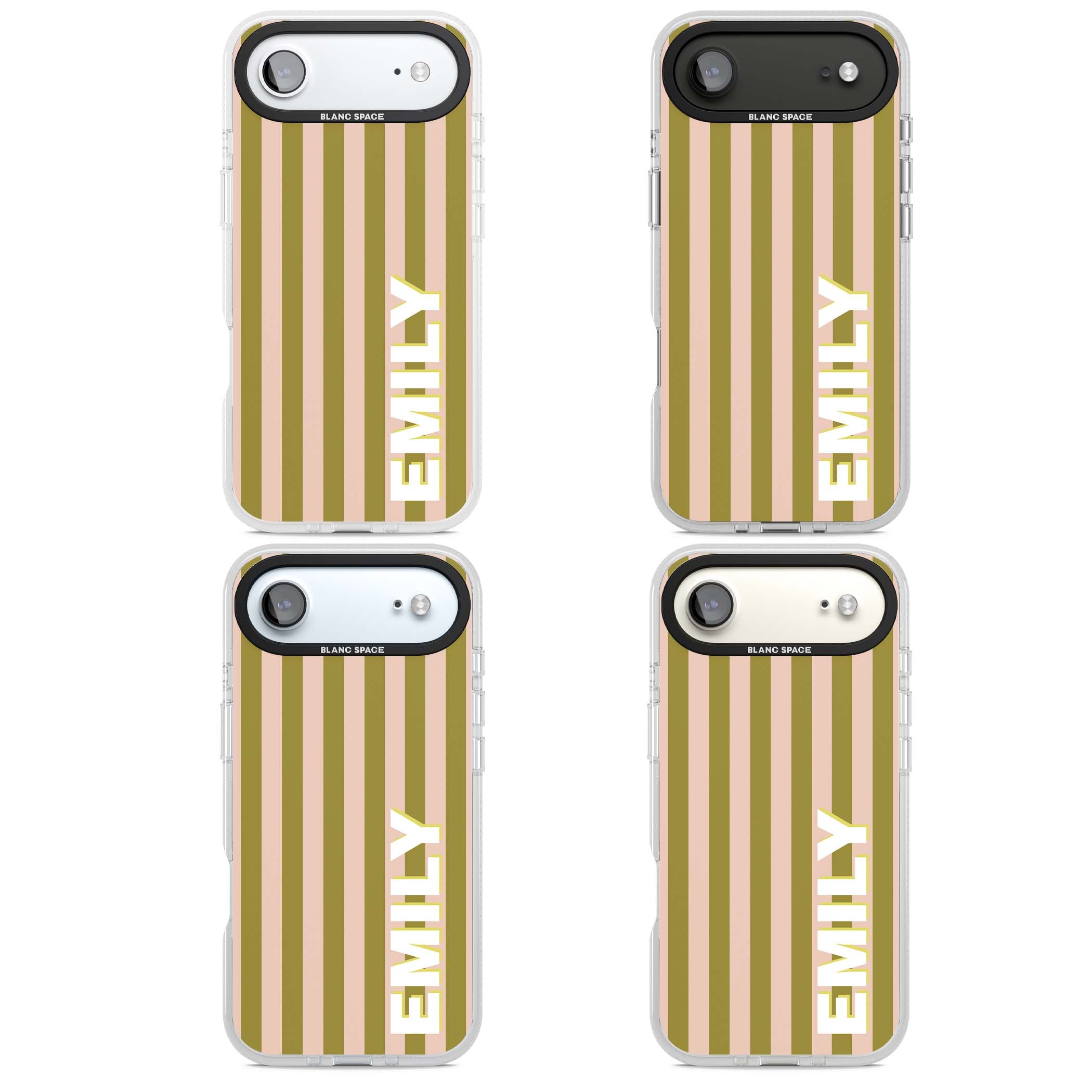 Indian Stripe personalised iPhone case featuring olive green and blush pink vertical stripes with custom name in whit | Clear Case Impact Air case for iPhone Air
