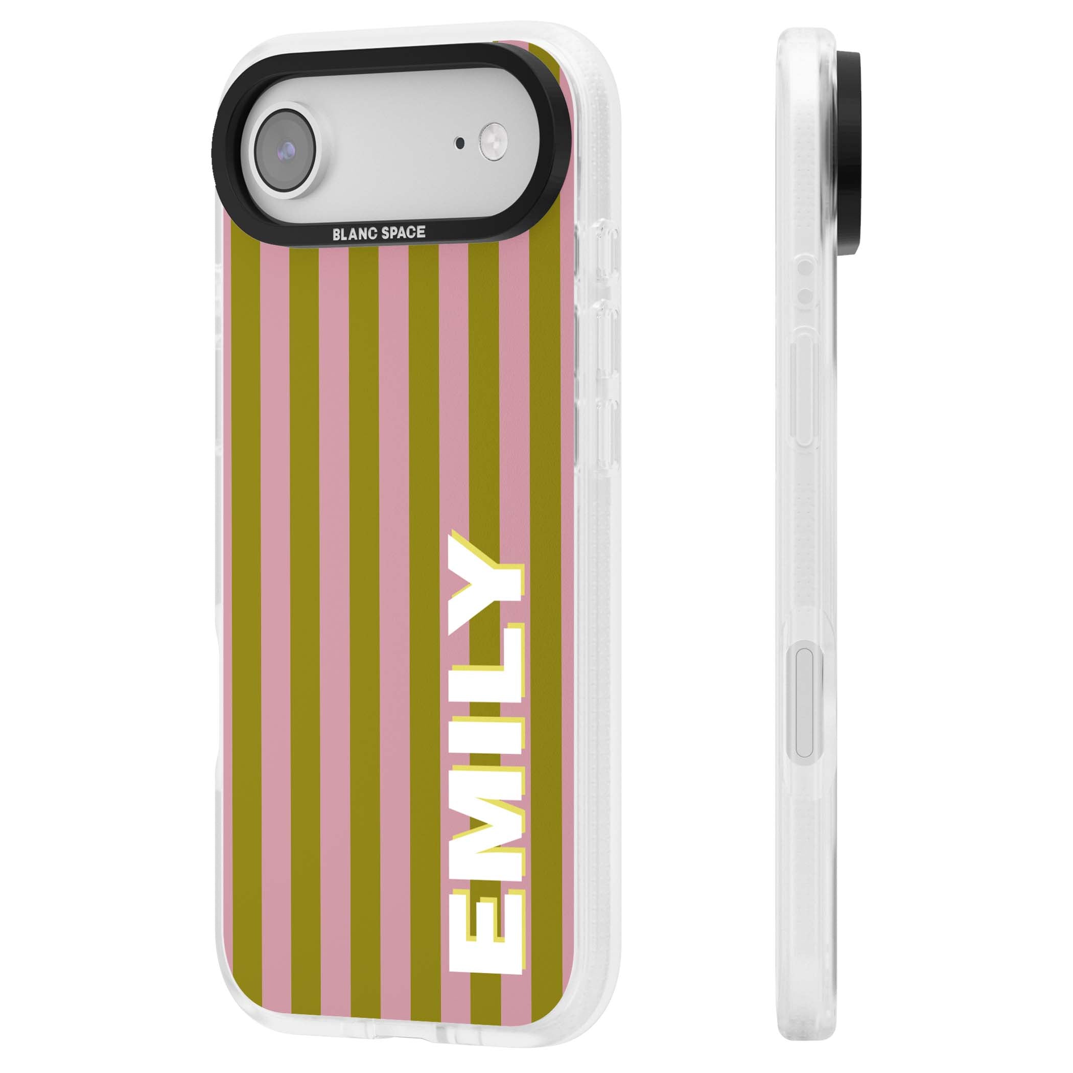 Istanbul Stripe personalised iPhone case featuring pink and olive green vertical stripes with a custom vertical name | Clear Case Impact Air case for iPhone Air