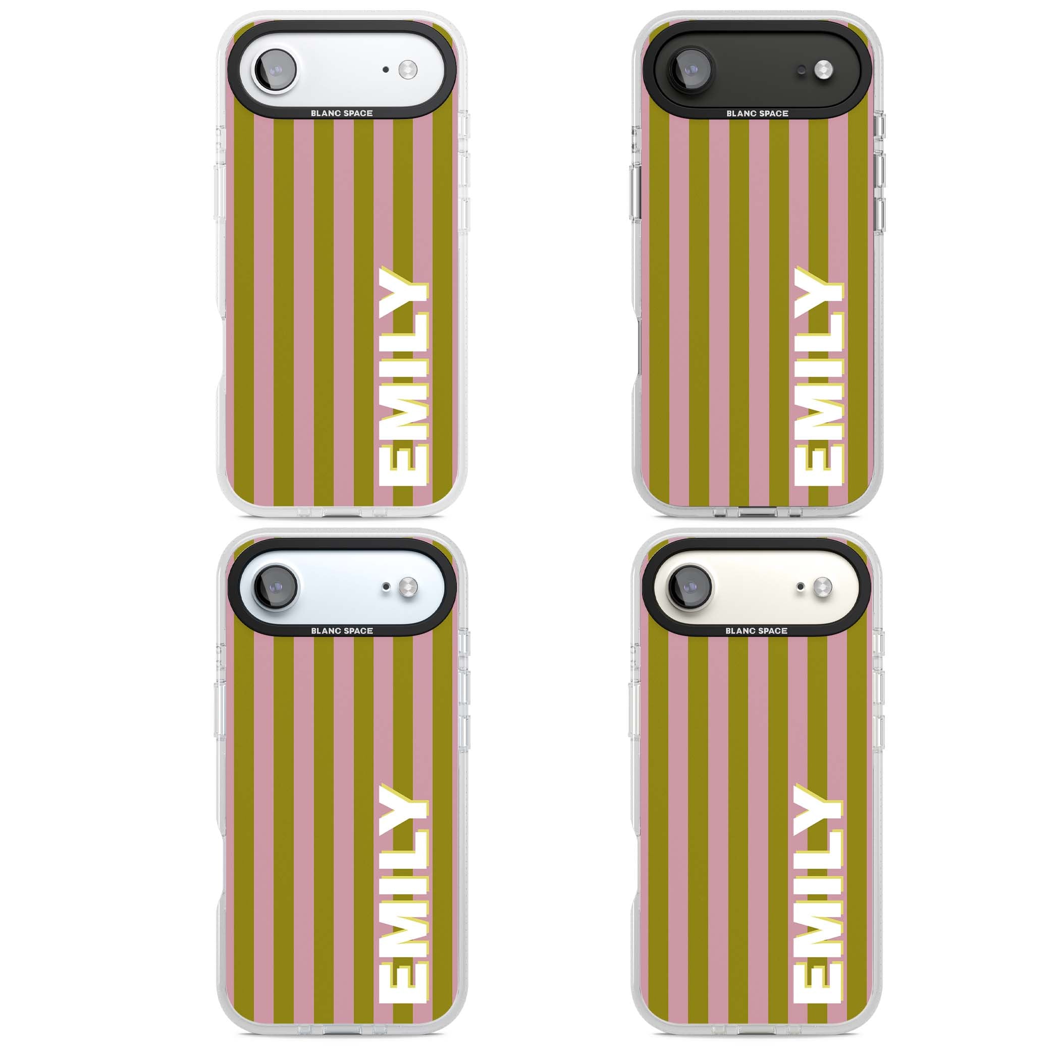 Istanbul Stripe personalised iPhone case featuring pink and olive green vertical stripes with a custom vertical name | Clear Case Impact Air case for iPhone Air