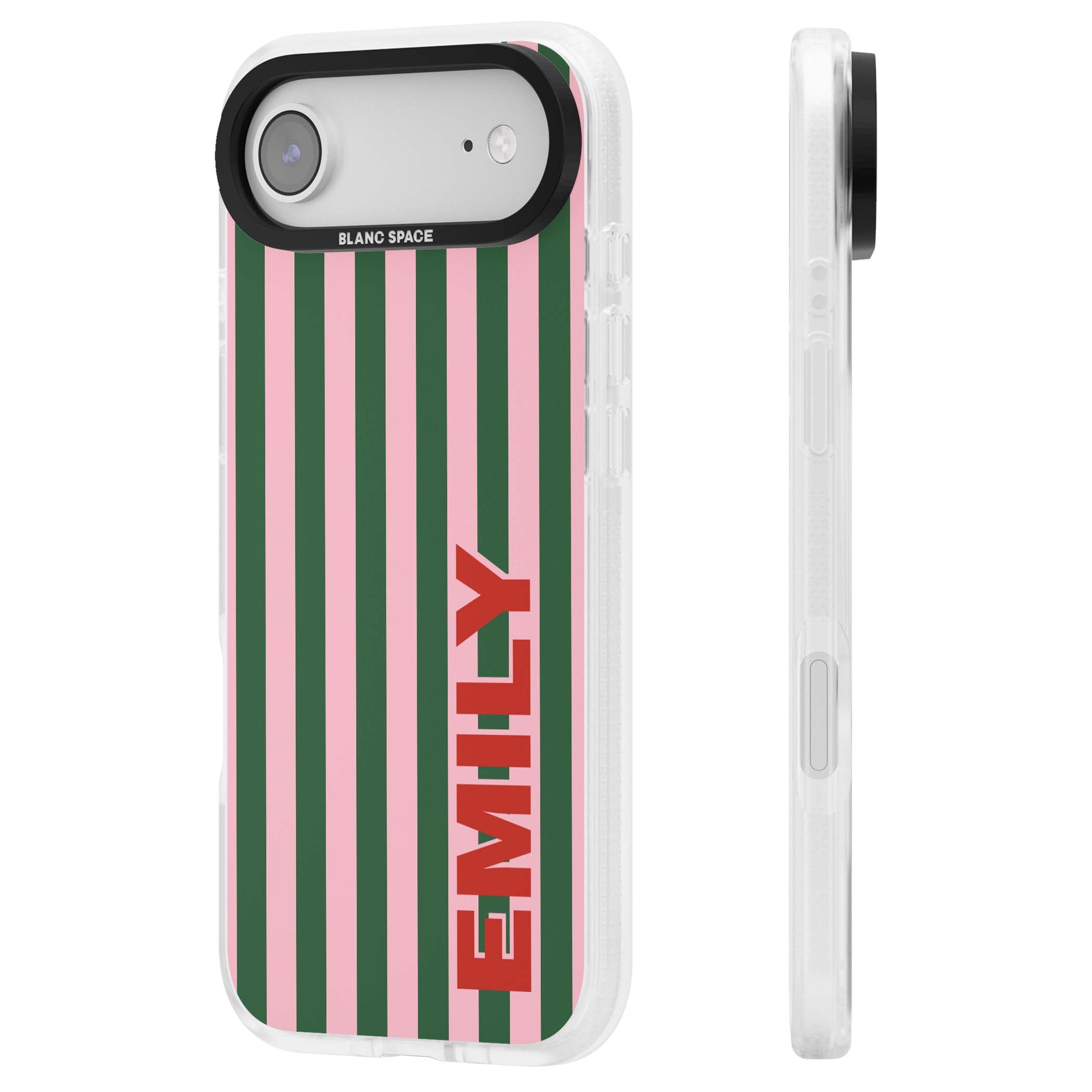Italian Stripe preppy iPhone case featuring pink and green vertical stripes with personalised red name | Clear Case Impact Air case for iPhone Air