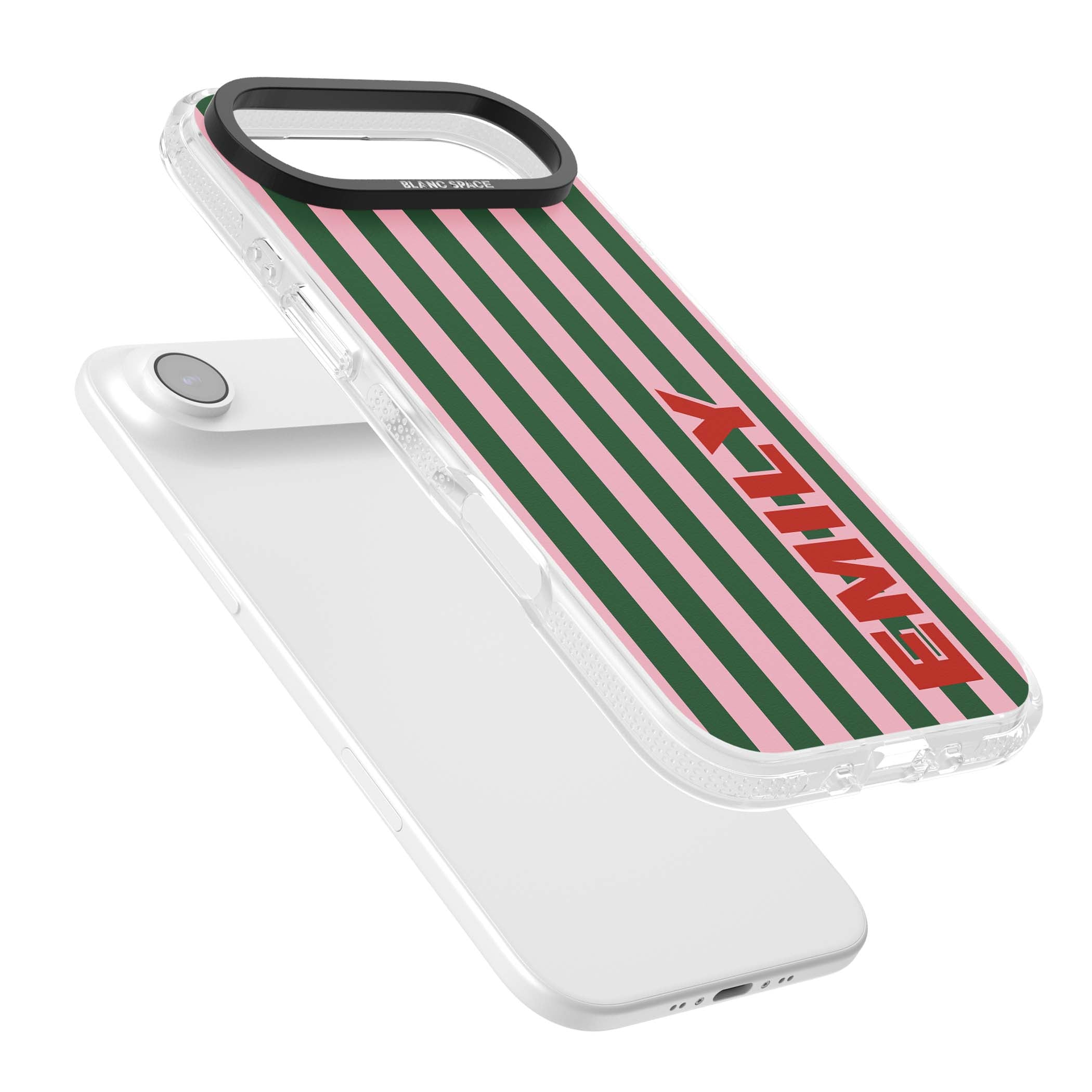 Italian Stripe preppy iPhone case featuring pink and green vertical stripes with personalised red name | Clear Case Impact Air case for iPhone Air