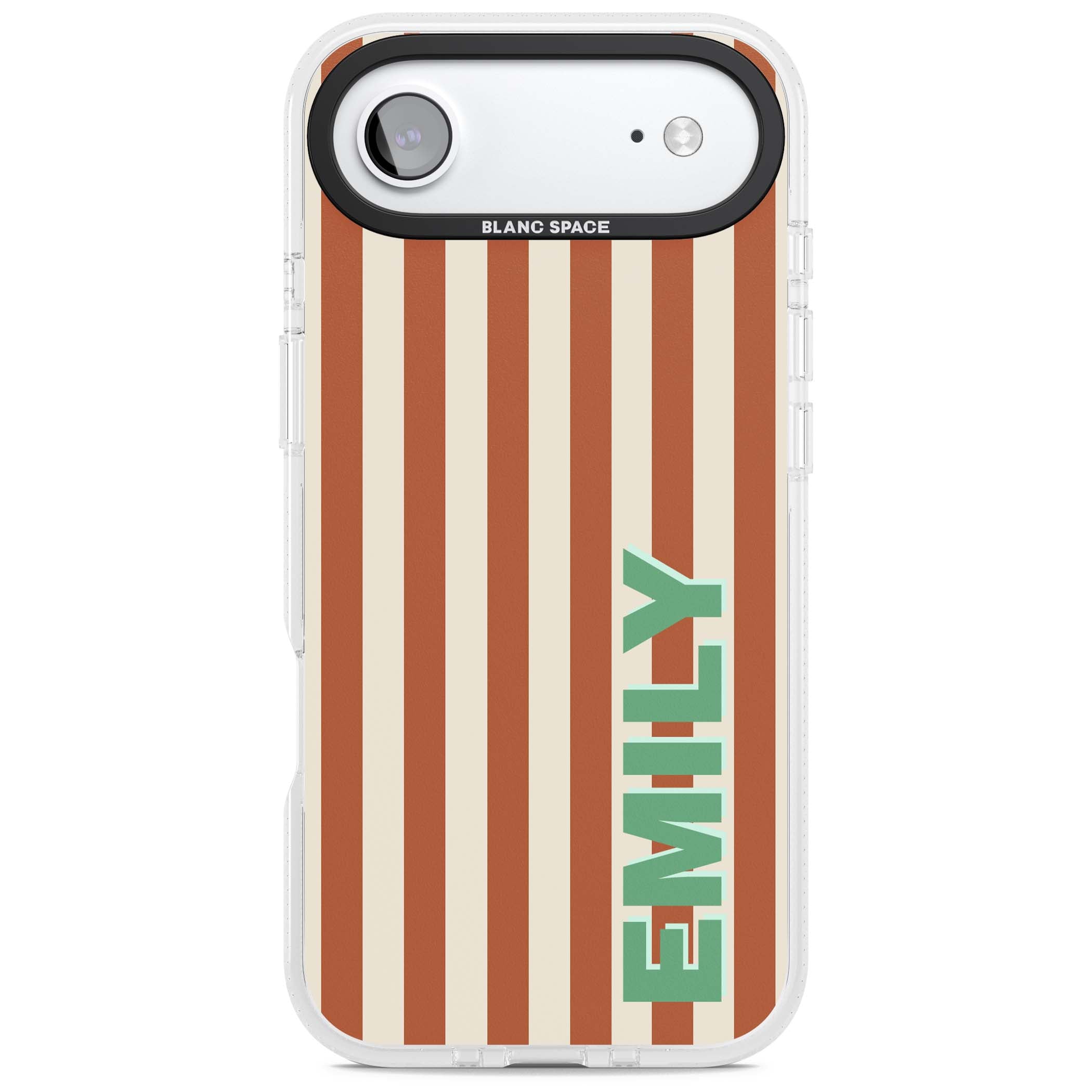 Dune Stripe personalised iPhone case with rust and cream vertical stripes and custom name in mint green | Clear Case Impact Air case for iPhone Air