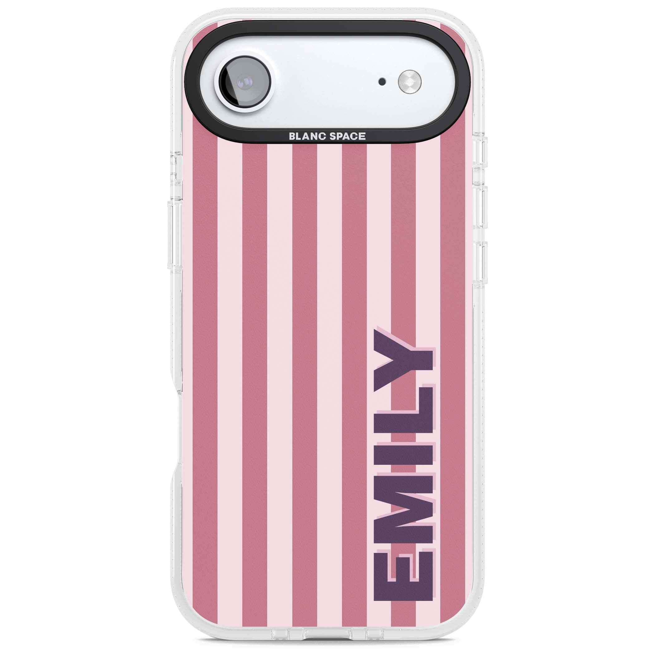 Victoria Stripe personalised iPhone case featuring pink vertical stripes and custom name in bold plum lettering | Clear Case Impact Air case for iPhone Air