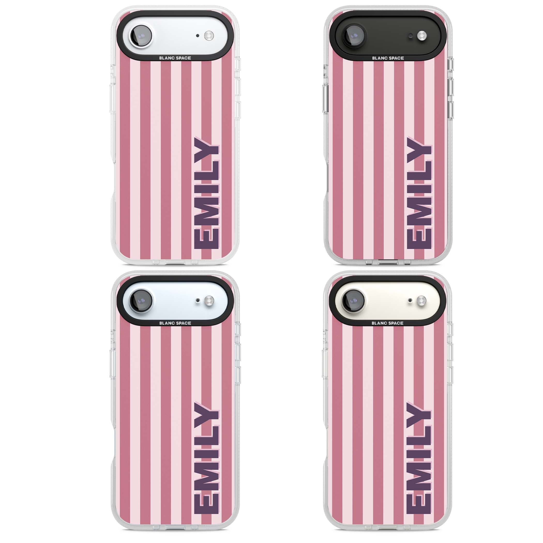 Victoria Stripe personalised iPhone case featuring pink vertical stripes and custom name in bold plum lettering | Clear Case Impact Air case for iPhone Air