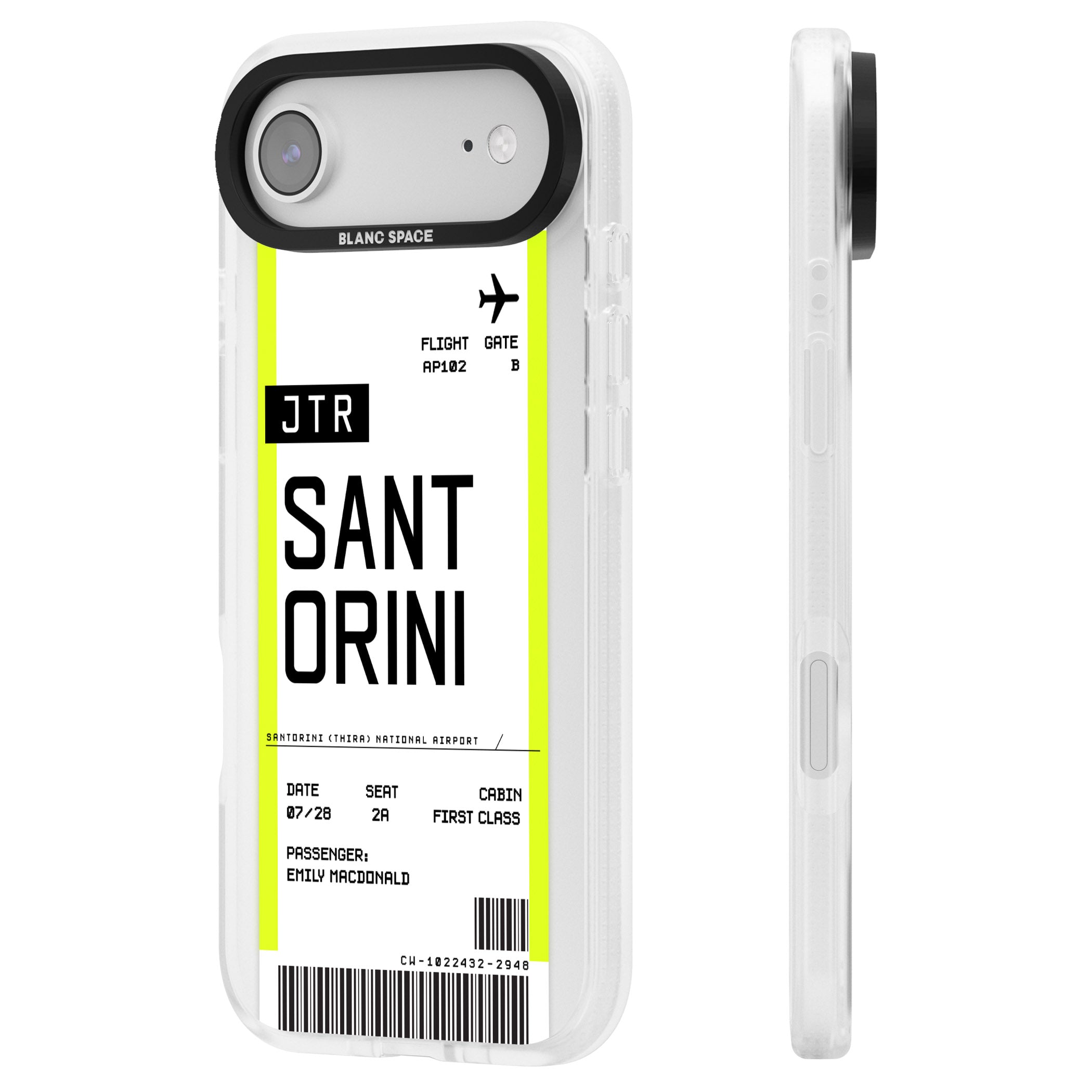 Personalised Santorini Boarding Pass iPhone 17 Air Impact Air Clear Phone Case Side Profile