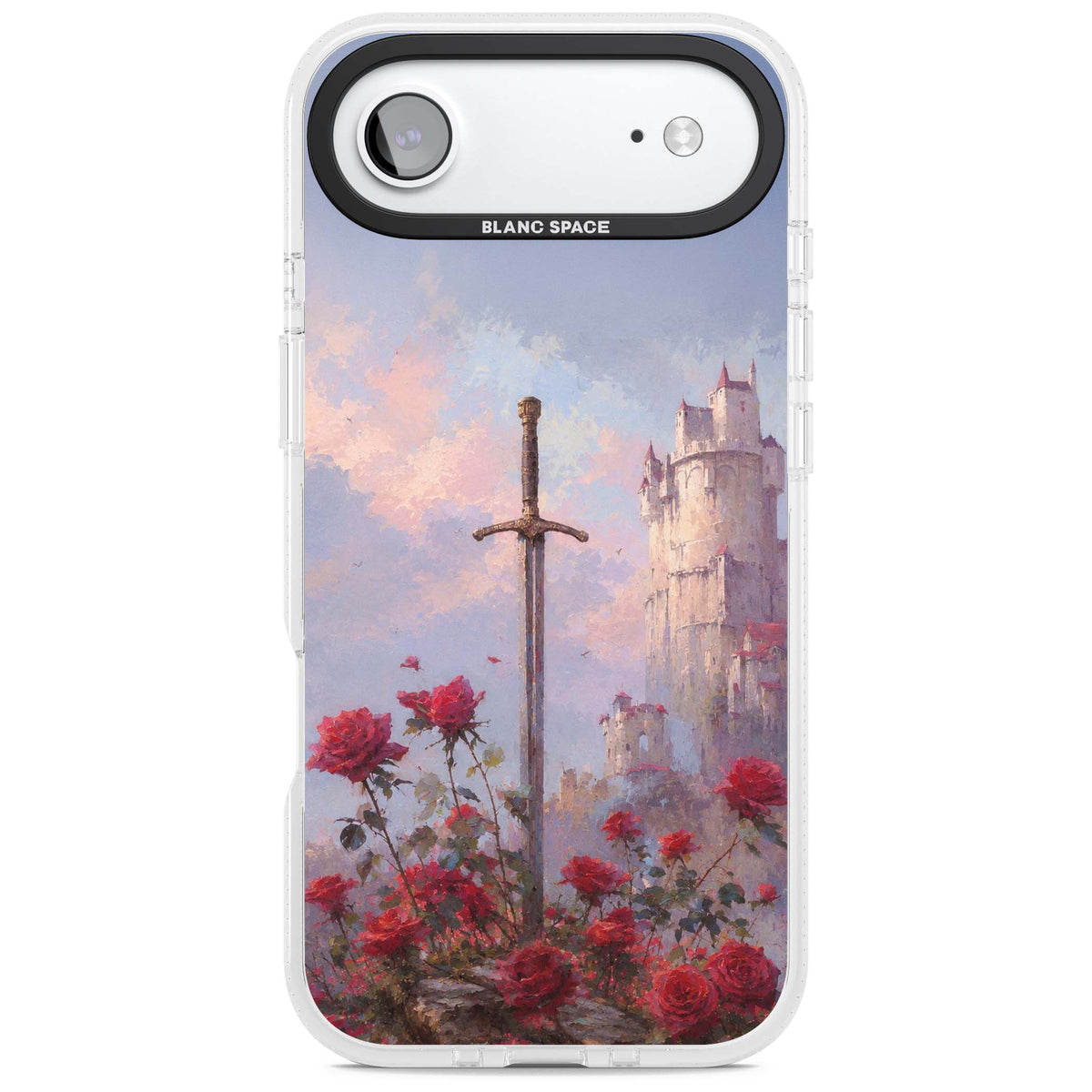 Sword in Roses medieval art iPhone case featuring a sword, red roses, and a misty fairytale castle at sunset | Clear Case Impact Air case for iPhone Air