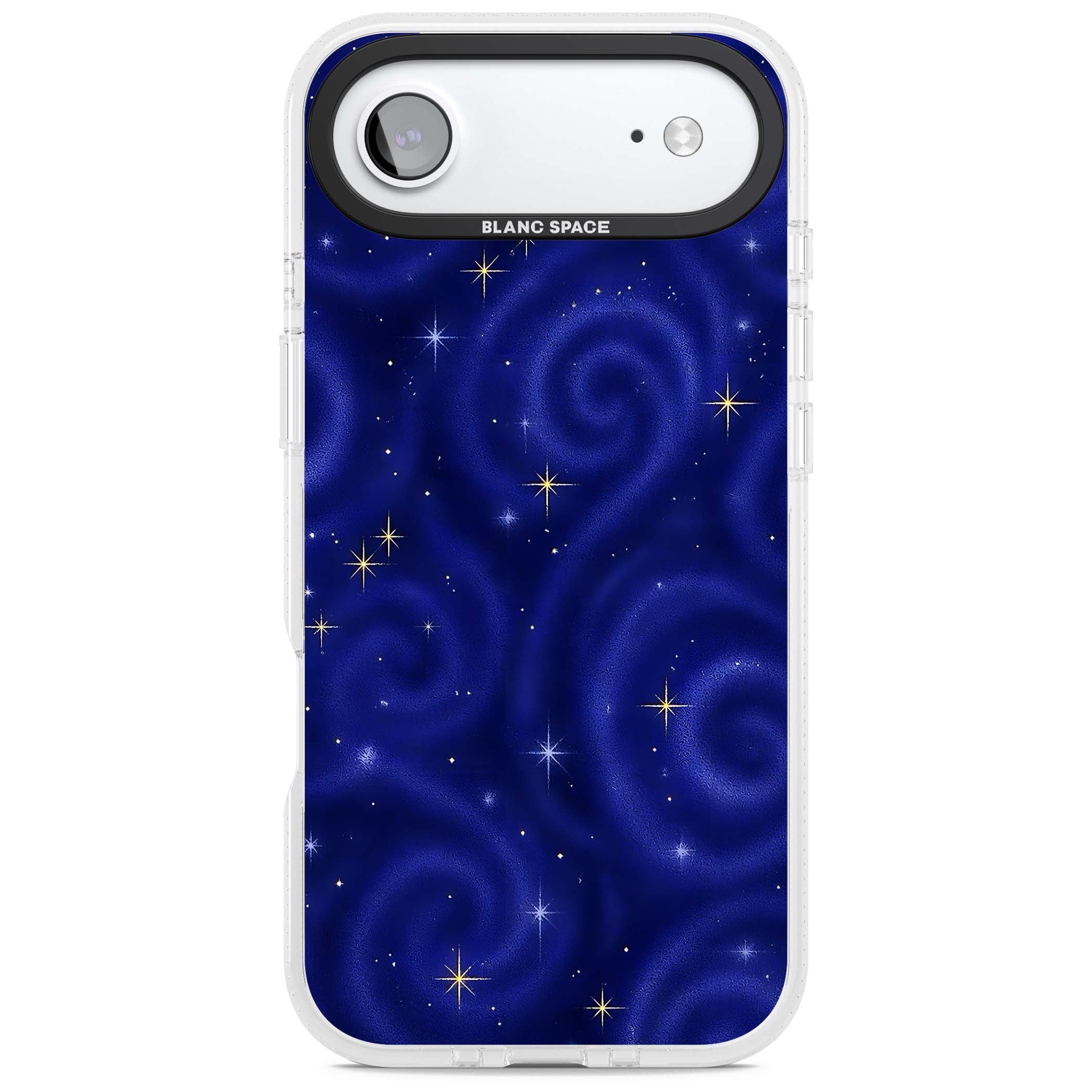 Indigo Cosmos celestial iPhone case featuring swirling navy night sky and sparkling golden stars | Clear Case Impact Air case for iPhone Air