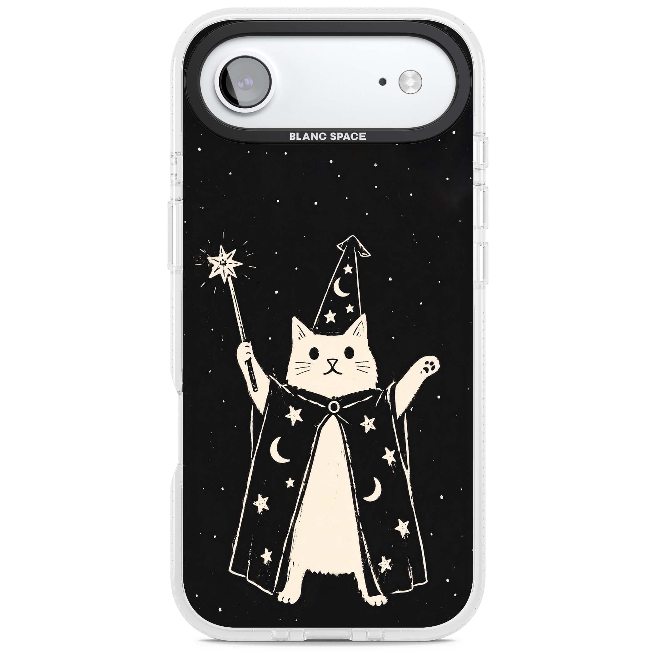 Whisker Wizard celestial cat iPhone case featuring a wizard cat with magic wand, starry night sky and crescent moons | Clear Case Impact Air case for iPhone Air