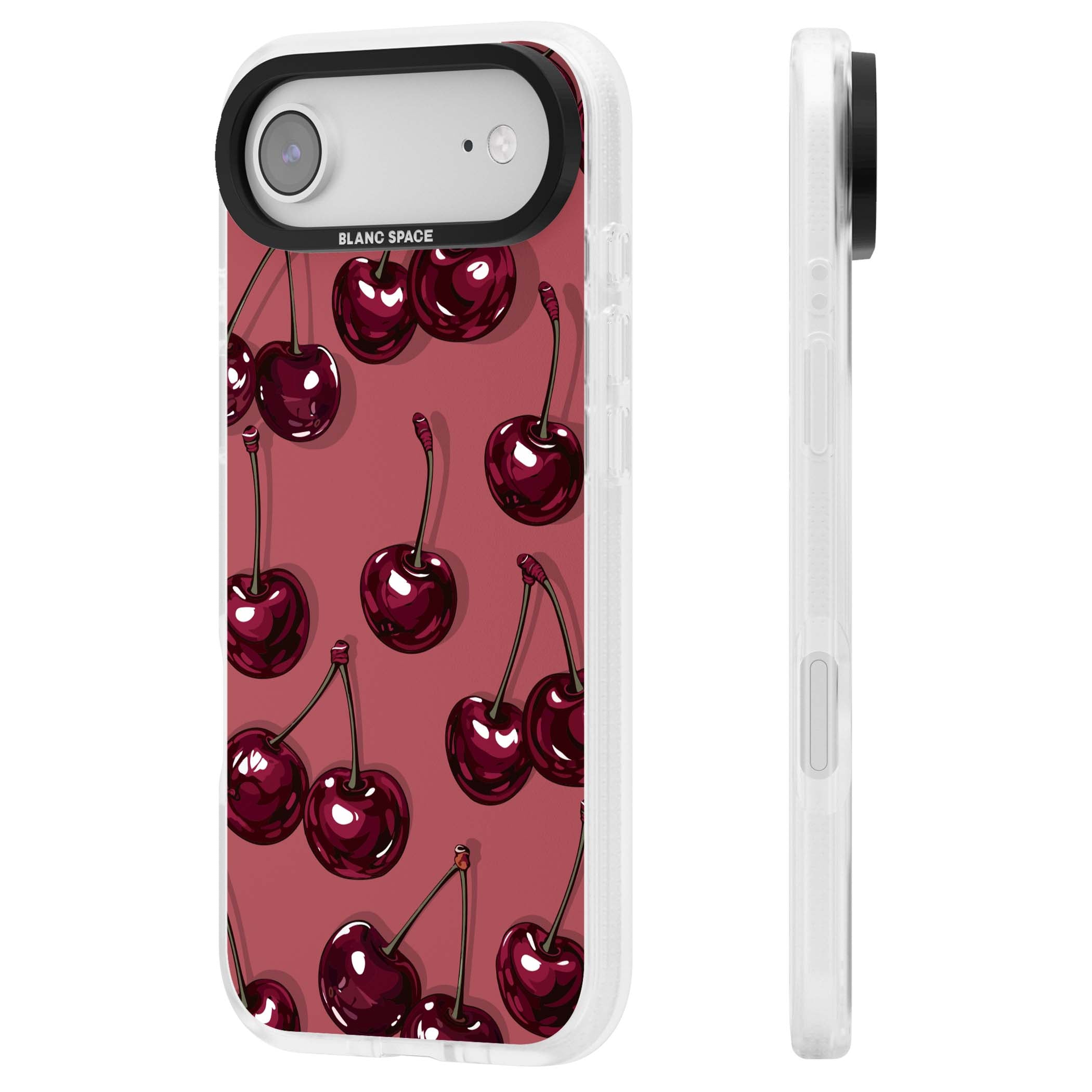 Cherry Rebel coquette iPhone case featuring glossy burgundy cherries on a dusty rose background | Clear Case Impact Air case for iPhone Air