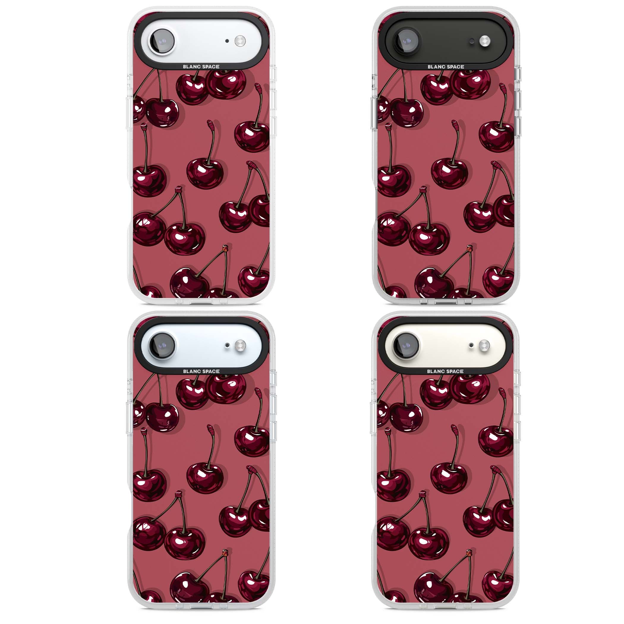Cherry Rebel coquette iPhone case featuring glossy burgundy cherries on a dusty rose background | Clear Case Impact Air case for iPhone Air