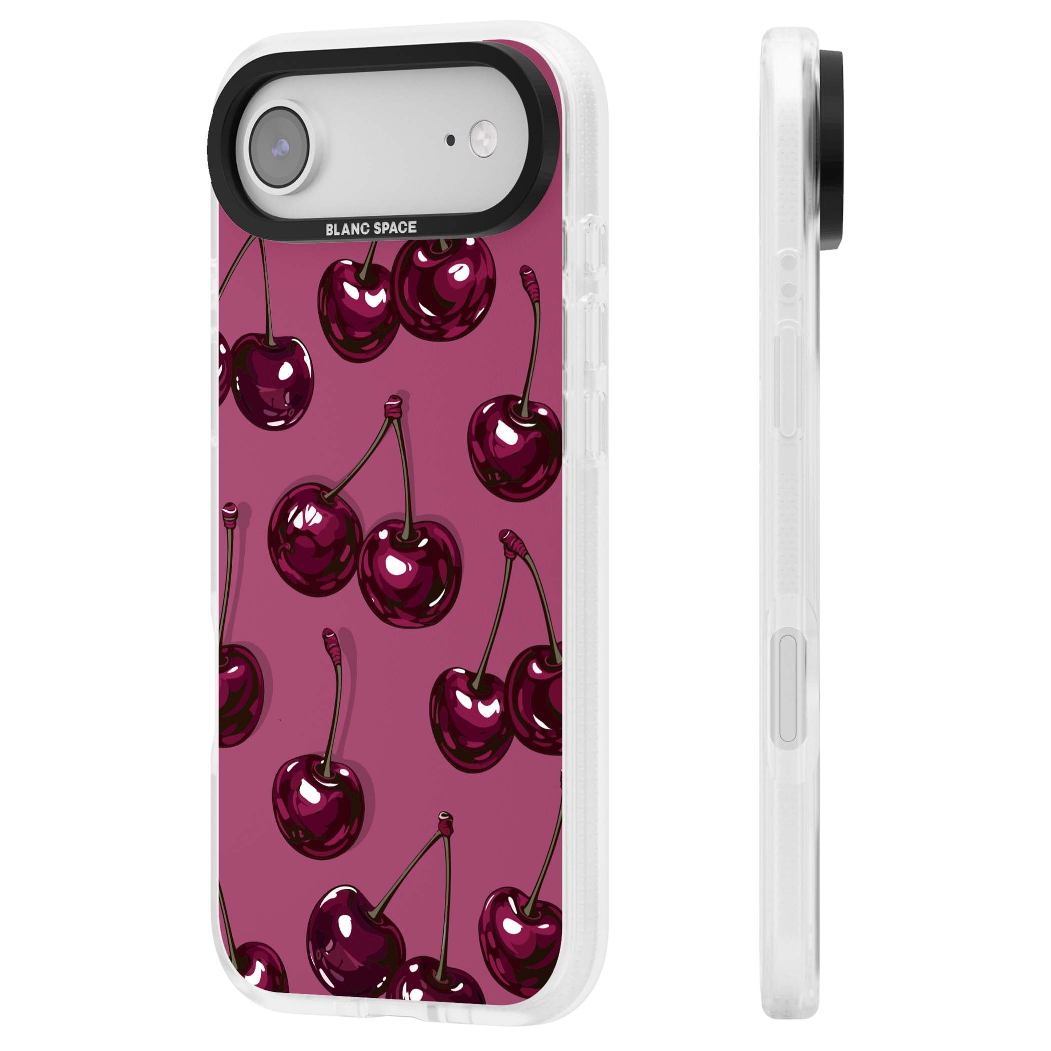 Cherry Soda coquette iPhone case featuring glossy burgundy cherries on a dusty pink background | Clear Case Impact Air case for iPhone Air