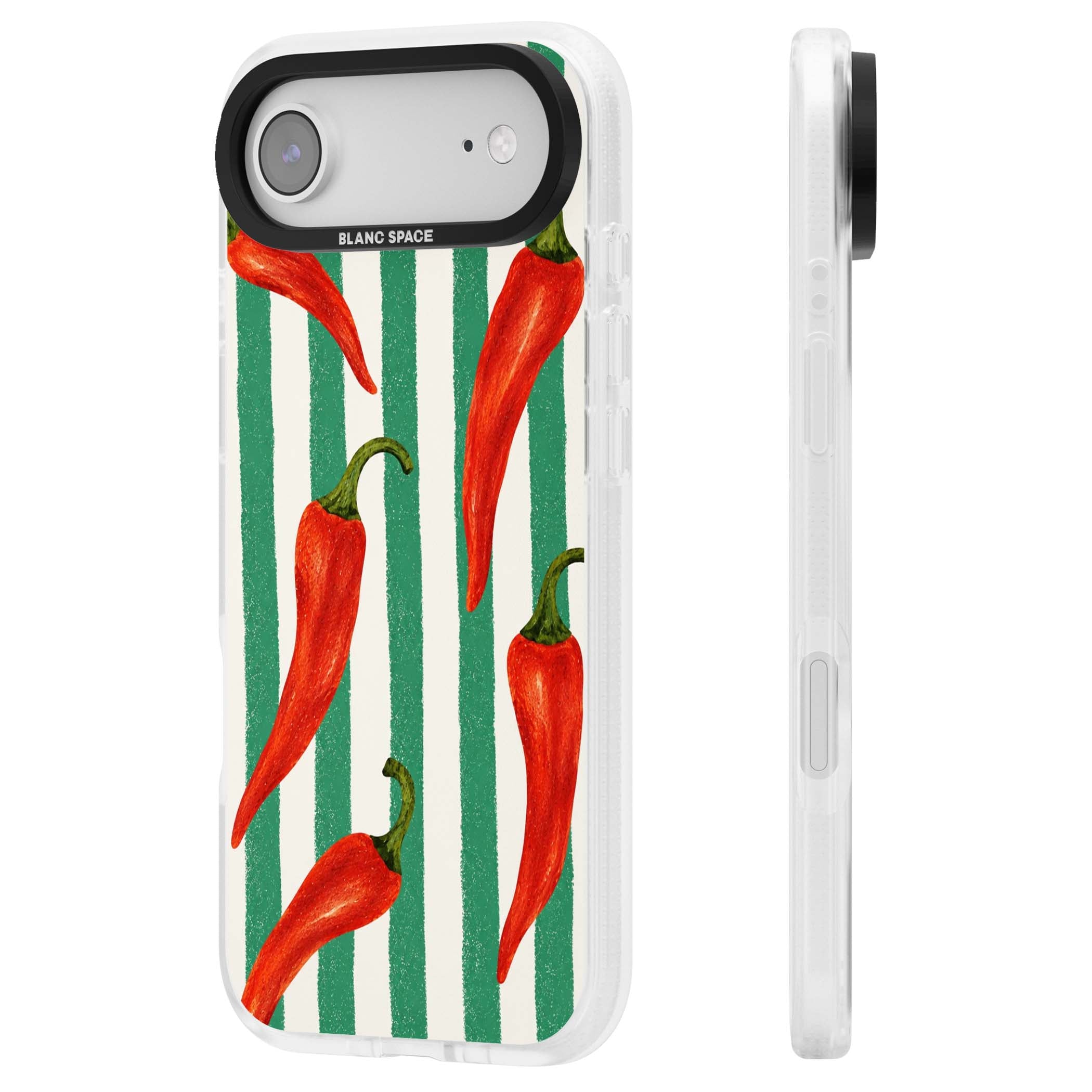 Striped Chillis coastal iPhone case featuring hand-painted red chili peppers on green and cream stripes | Clear Case Impact Air case for iPhone Air