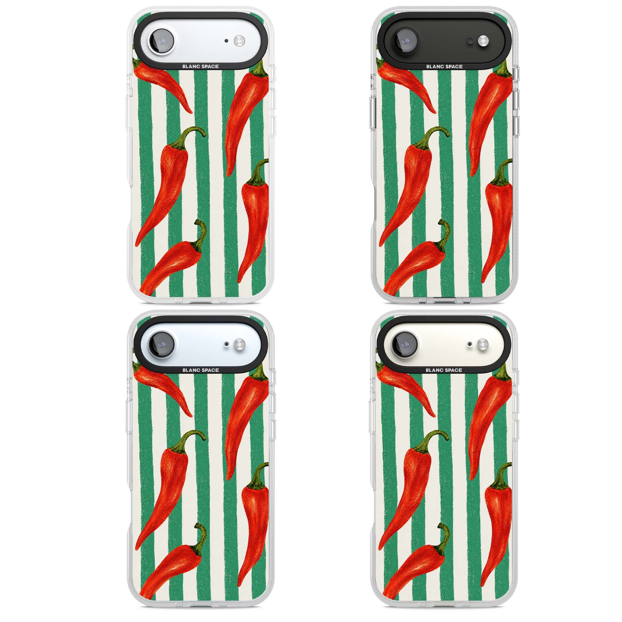 Striped Chillis coastal iPhone case featuring hand-painted red chili peppers on green and cream stripes | Clear Case Impact Air case for iPhone Air