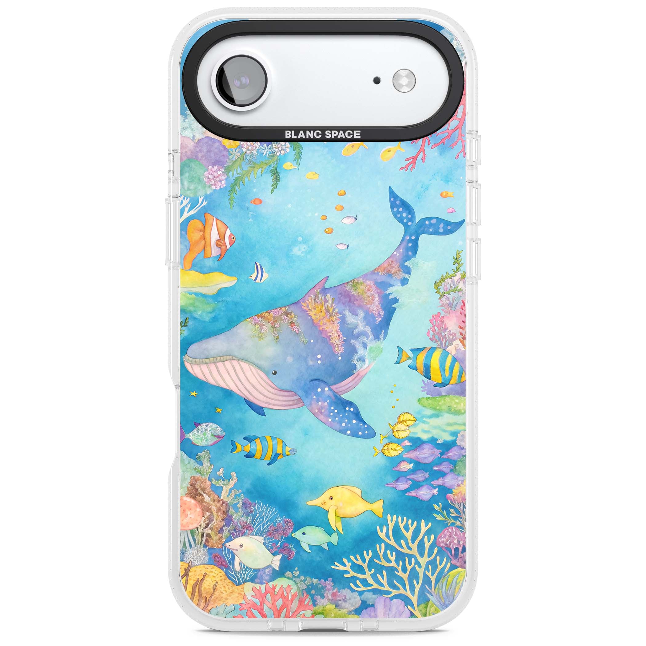 Coral Lagoon ocean iPhone case featuring a watercolour whale, coral reef and tropical fish | Clear Case Impact Air case for iPhone Air