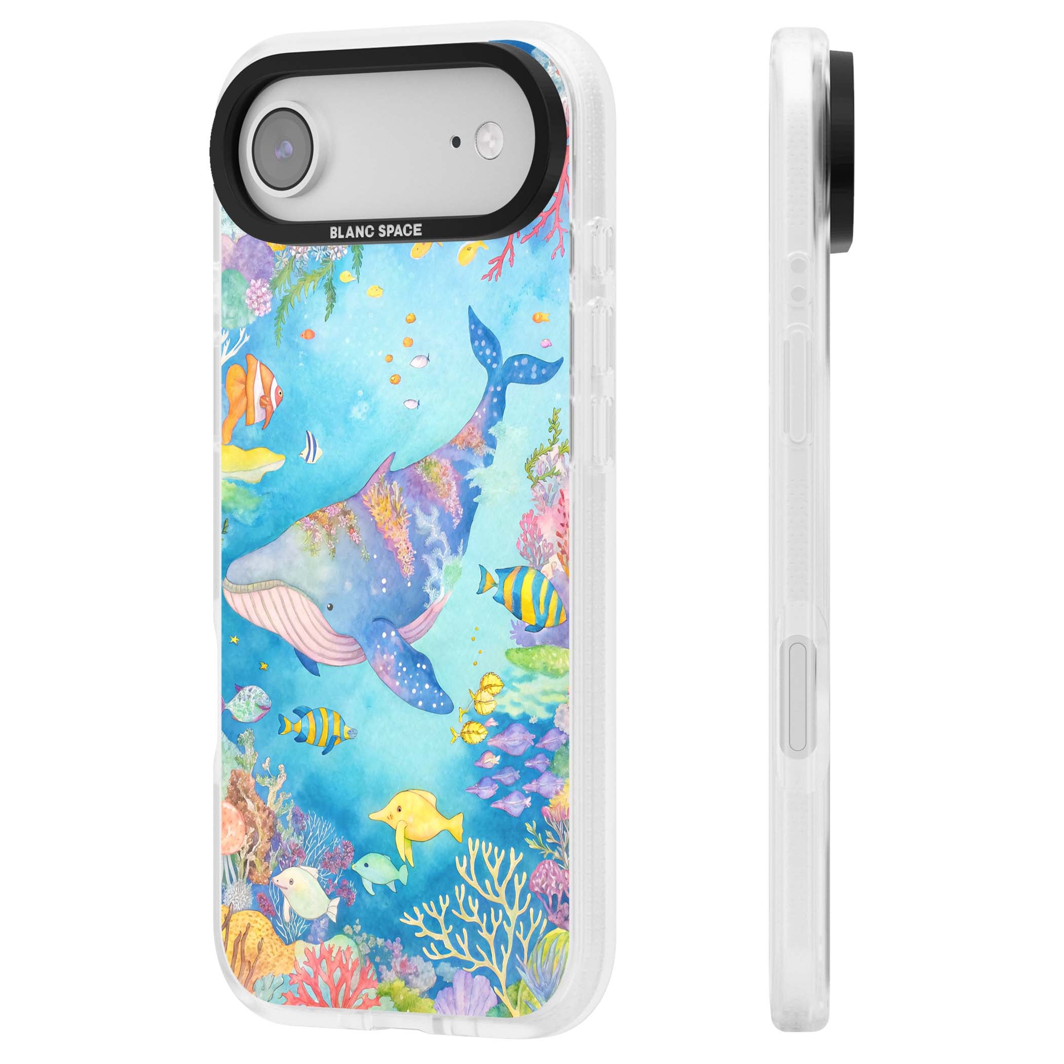 Coral Lagoon ocean iPhone case featuring a watercolour whale, coral reef and tropical fish | Clear Case Impact Air case for iPhone Air