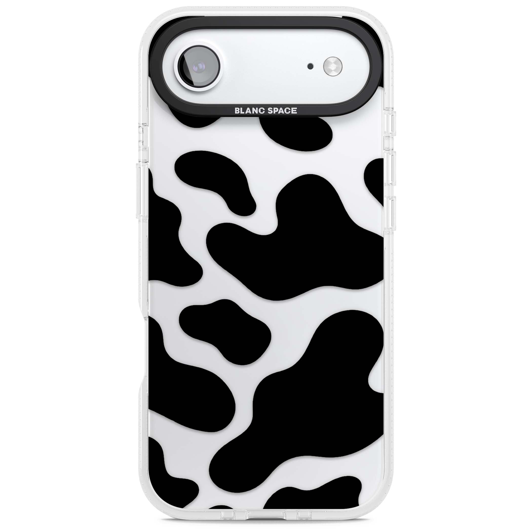 Clear Cow Print cow print iPhone case featuring black and white cow pattern splotches on a clear background | Clear Case Impact Air case for iPhone Air