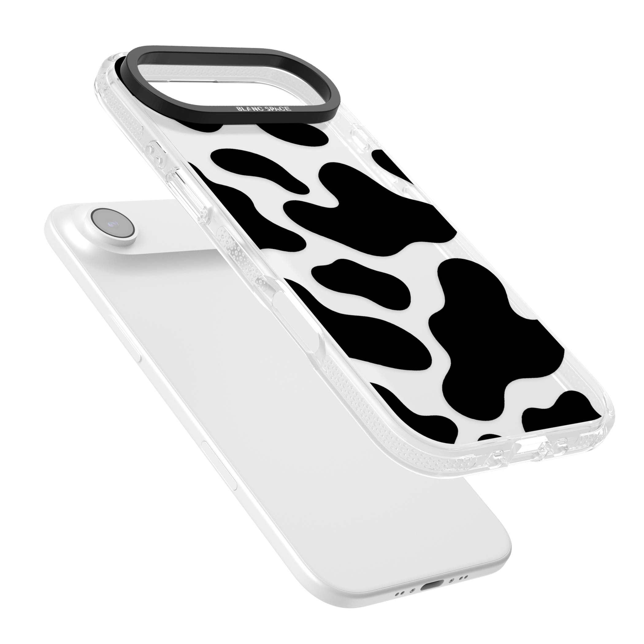 Clear Cow Print cow print iPhone case featuring black and white cow pattern splotches on a clear background | Clear Case Impact Air case for iPhone Air