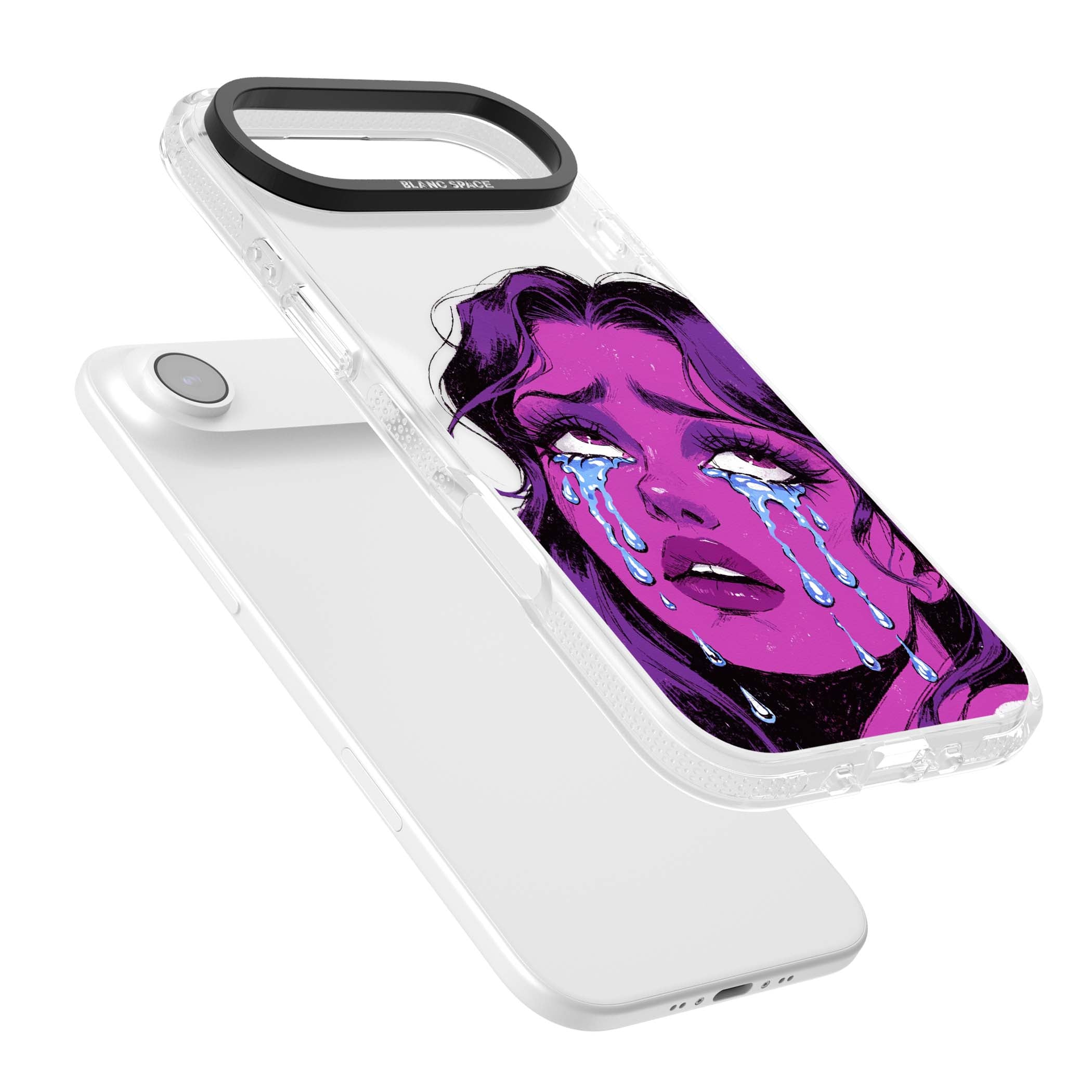 Drama Queen pop art iPhone case featuring a purple crying comic girl with blue tears | Clear Case Impact Air case for iPhone Air