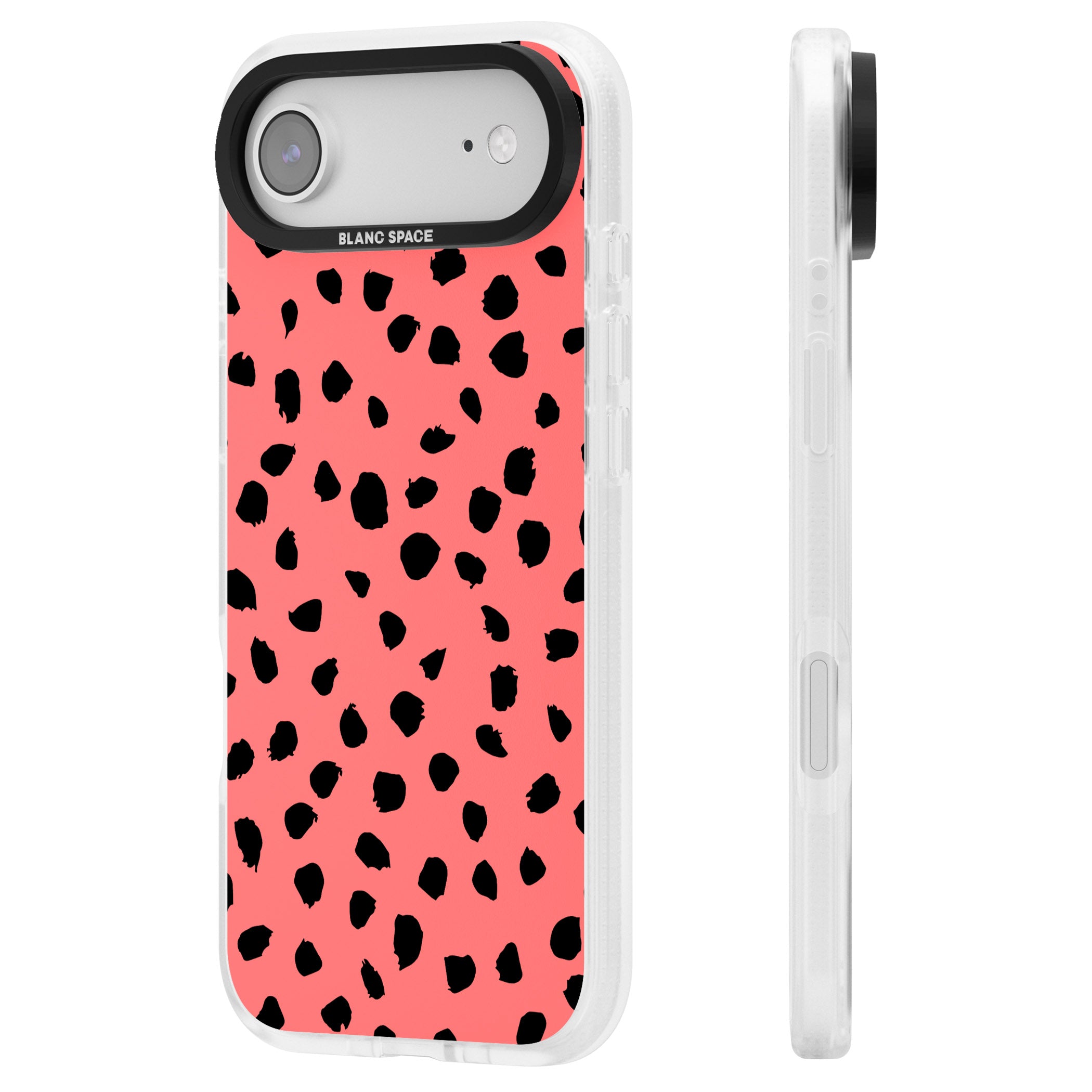 Black Dalmatian Spots On Coral iPhone 17 Air Impact Air Clear Phone Case Side Profile
