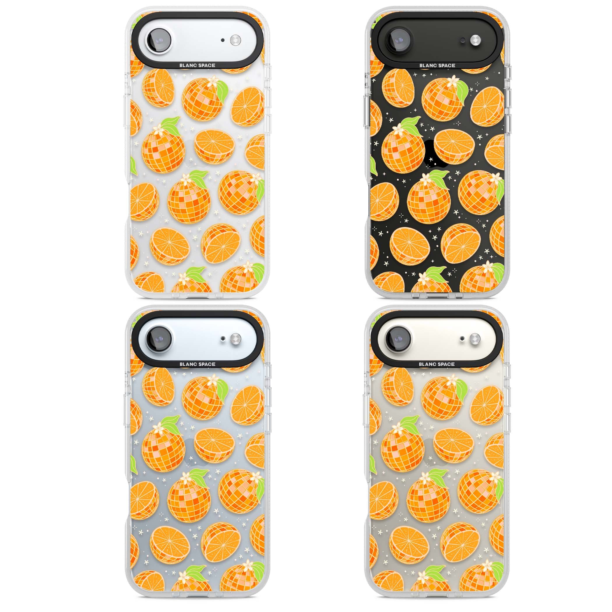 Disco Oranges retro iPhone case featuring mirrorball oranges, citrus slices and tiny blossoms on clear | Clear Case Impact Air case for iPhone Air