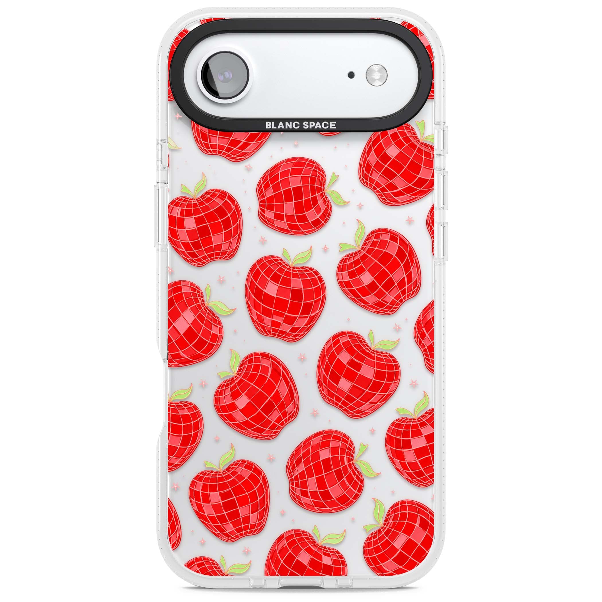 Disco Apples Y2K iPhone case featuring red disco ball apples, green leaves and pink sparkles on clear | Clear Case Impact Air case for iPhone Air